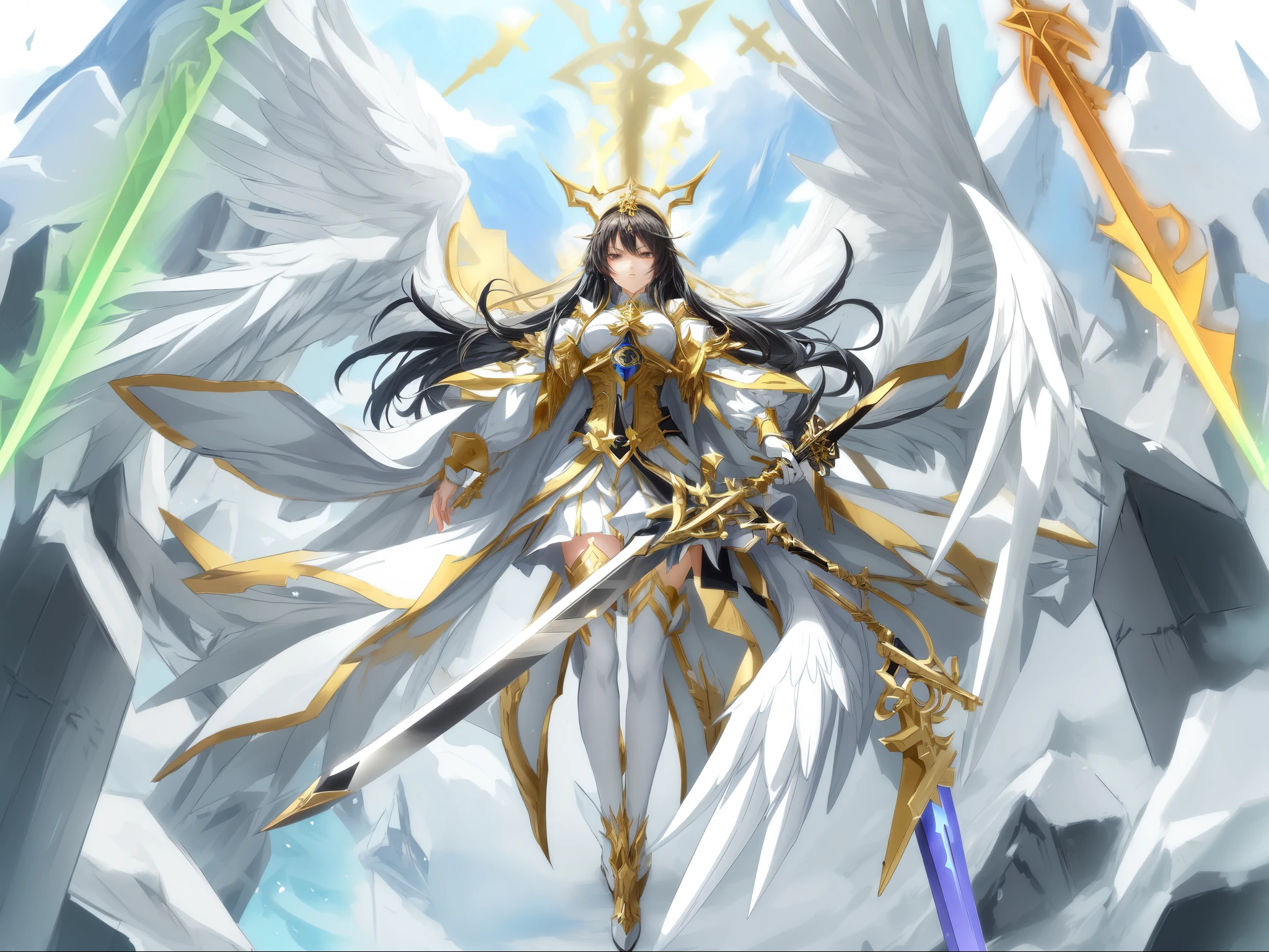 Anime character with wings and sword in the cloudy sky, She has four swords.,Black long hair,Anime Goddess,White stockings,Wearing a crown,Detailed key animation art, frown,Serious,Black eyes,Anime Goddess, Ethereal Anime, Overlord&#39;s albedo, The majestic angel, HD anime art, high detailed Official Artwork, Beautiful fantasy anime, Anime Key Visual Concept Art, Official Art