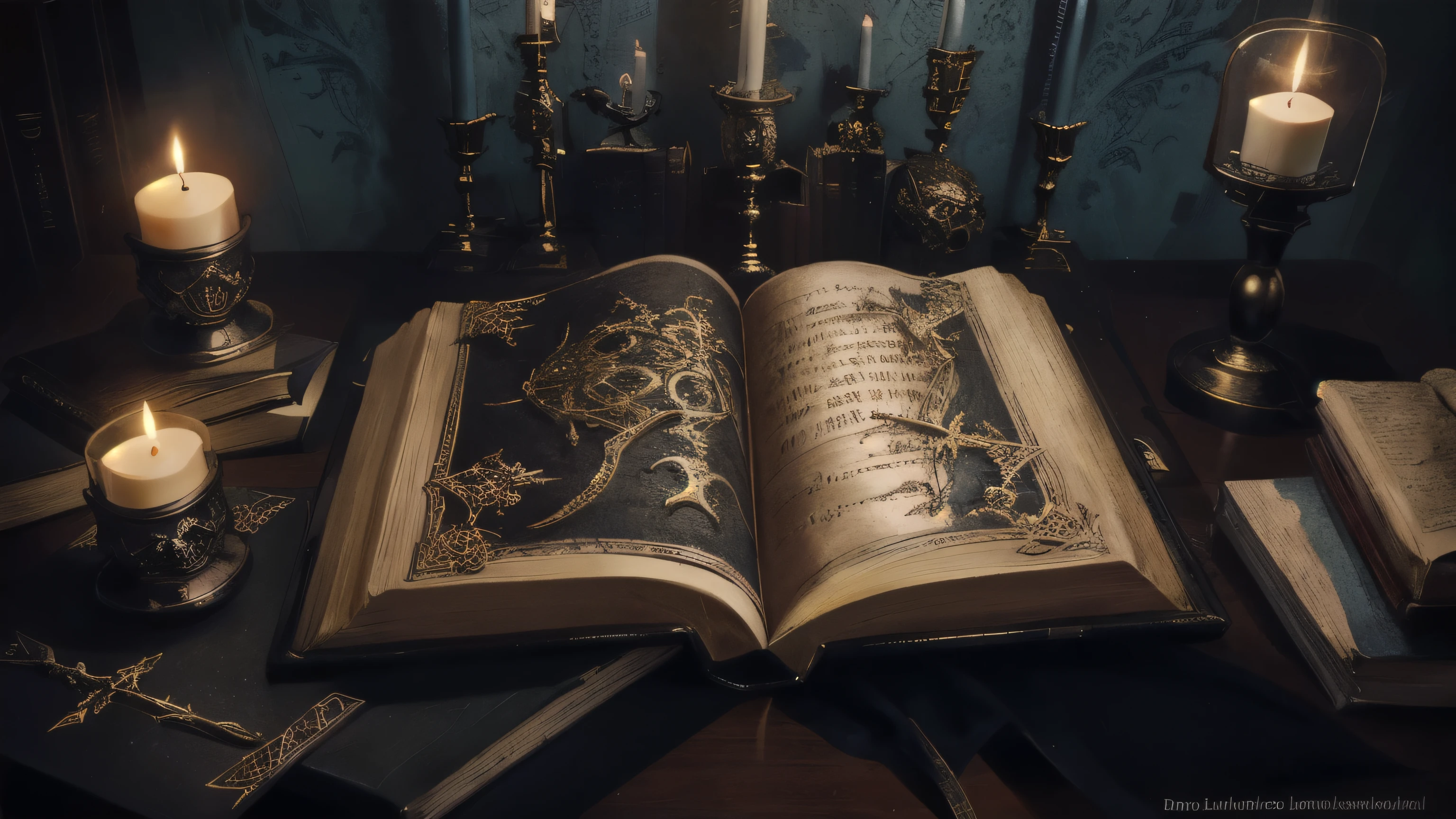 someone is reaDing a book with a canDle anD a skull in the backgrounD, Death note ， D & D, reaDing an evil Demonic book, photorealistic Dark concept art, holDing spell book, spell book, lancer de sorts, book of the DeaD, Hyperrealistic conceptual art, by AlexanDer Kucharsky, holDing grimoire, photographie fantastique réaliste, by AleksanDer Kotsis