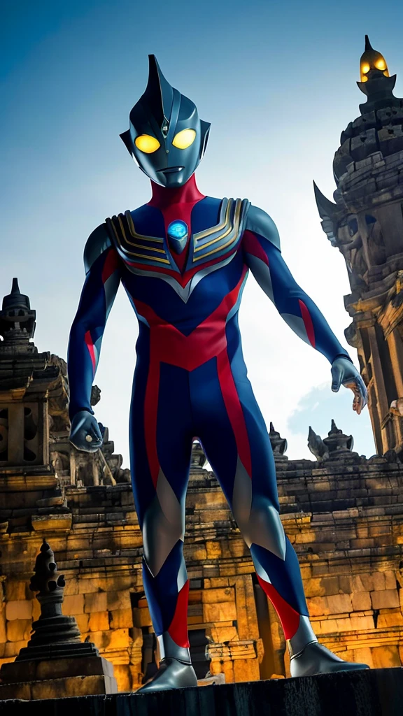 Masterpiece, best quality, 1boy, alien, male focus, solo, 1boy, tokusatsu, full body, (giant), railing, glowing eyes, glowing from below, yellow eyes, city, architecture, damaged buildings, tilt shift, ruins, borobudur temple, red and black suit, monumen nasional, jokowi