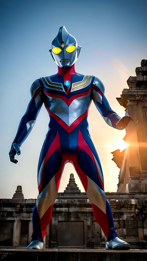 Masterpiece, best quality, 1boy, alien, male focus, solo, 1boy, tokusatsu, full body, (giant), railing, glowing eyes, glowing from below, yellow eyes, city, architecture, damaged buildings, tilt shift, ruins, borobudur temple, red and black suit, monumen nasional, jokowi