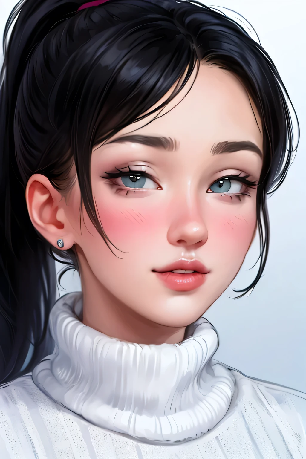 (best quality, highres:1.2), ultra-detailed, realistic:1.37, portraits, seductive gaze,detailed beautiful eyes,detailed long eyelashes,detailed lips,parted lips,intense blush,soft smile,soft smile and gaze,sexy woman, ponytail hairstyle, black hair,luscious black hair,cute ponytail,green sweater,cream cargo pants, medium chest, perfect body