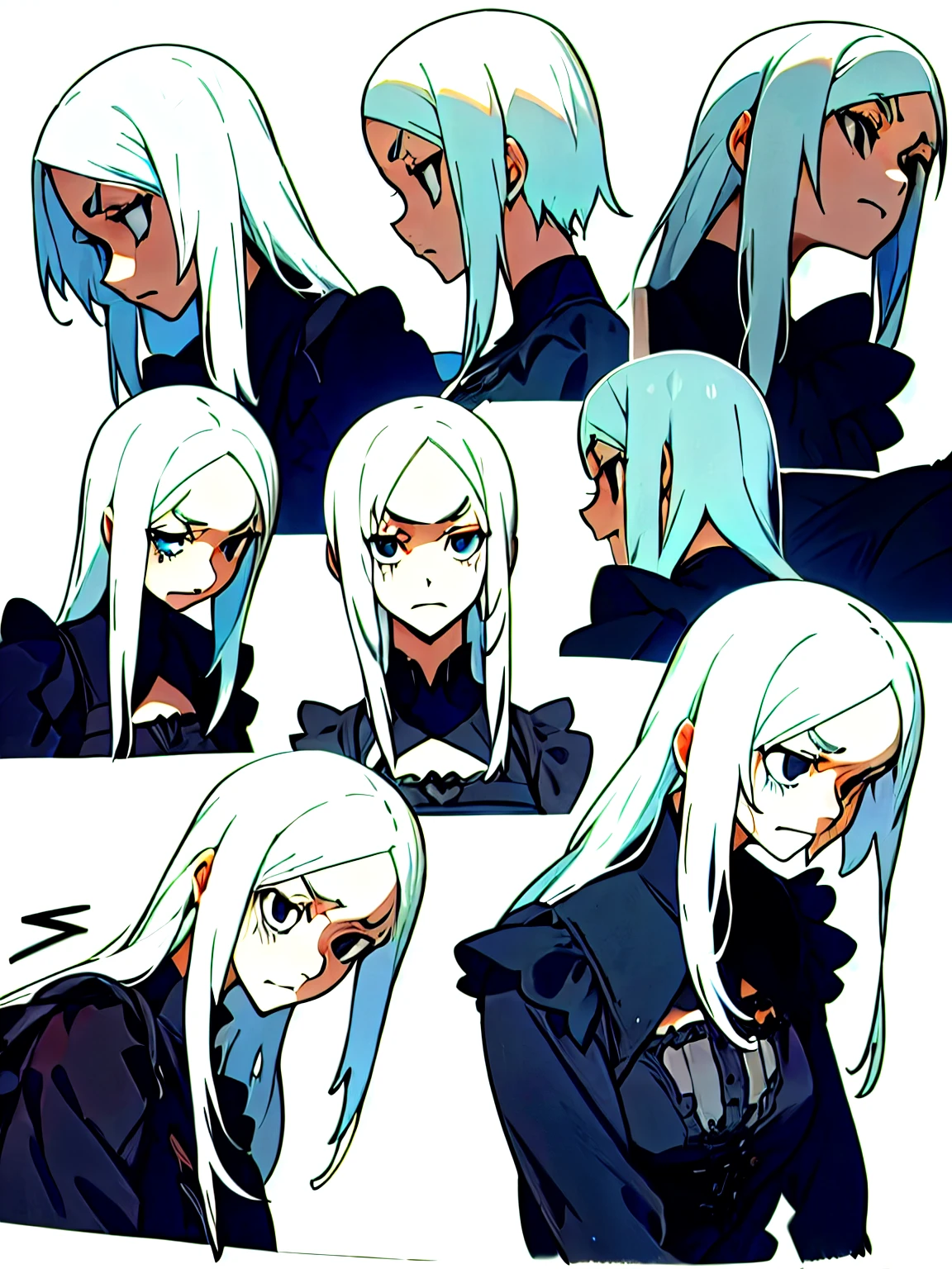 Young woman, White hair, Gothic dress, from different angles, different emotions, emotion of joy, The emotion of sadness, emotion anger, emotion surprise, emotion fear