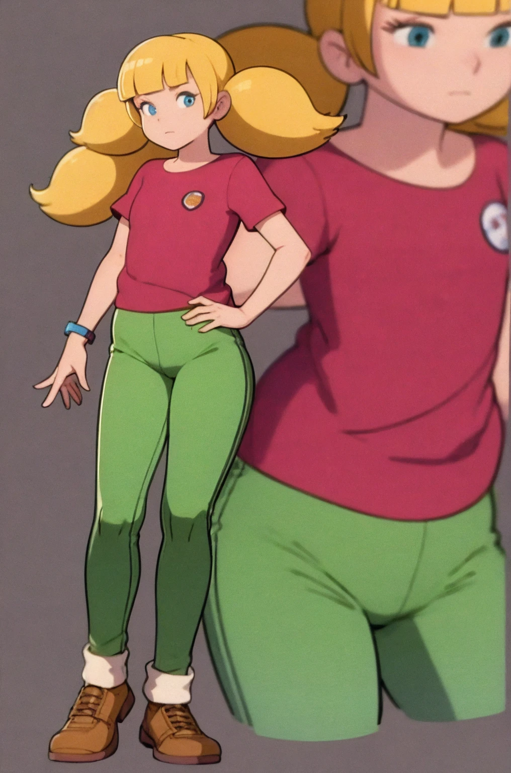 score_9_up,score_8_up,score_6,score_5,score_4, solo, masterpiece, best quality, 1girl, penny, blonde hair, twintails, blunt bangs, blue eyes, red shirt, green pants, brown shoes, (wristwatch:0.6), simple background, full body, flat tirso, standing, contrapposto, solo, simple background, ass, back view, spread ass, ass focus, ass zoom in