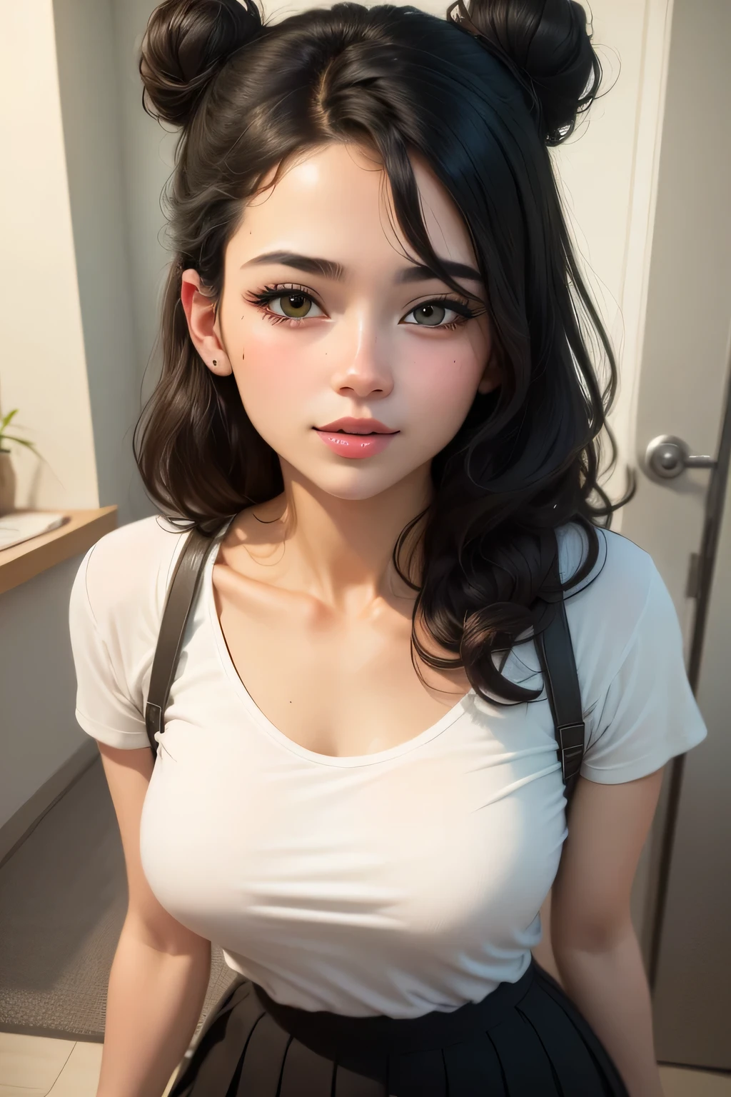 (best quality, highres:1.2), ultra-detailed, realistic:1.37, portraits, seductive gaze,detailed beautiful eyes,detailed long eyelashes,detailed lips,parted lips,intense blush,soft smile,soft smile and gaze,sexy woman, messy bun hairstyle, black hair,luscious black hair,cute bun, black and white striped t shirt, dark green skirt,medium chest, perfect body