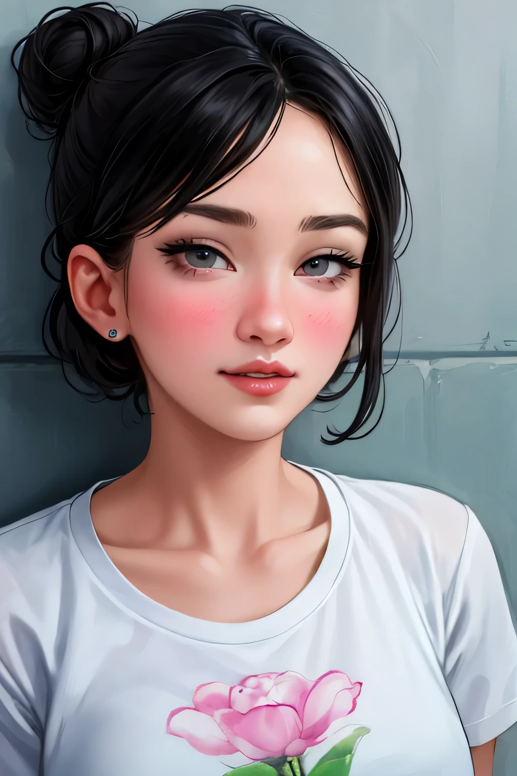 (best quality, highres:1.2), ultra-detailed, realistic:1.37, portraits, seductive gaze,detailed beautiful eyes,detailed long eyelashes,detailed lips,parted lips,intense blush,soft smile,soft smile and gaze,sexy woman, messy bun hairstyle, black hair,luscious black hair,cute bun, black and white striped t shirt, dark green skirt,medium chest, perfect body