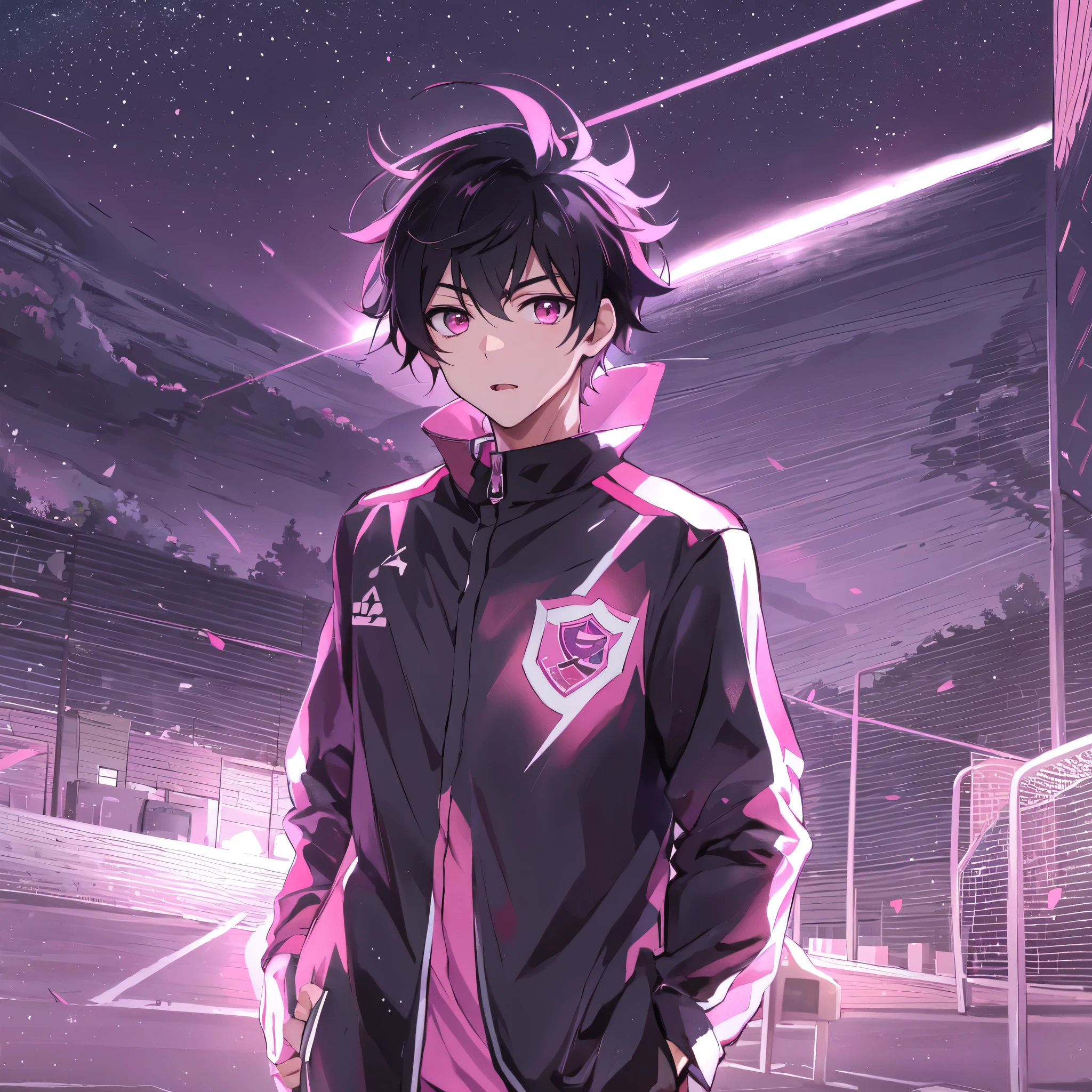 (solo), (alone), (anime boy masculino), (soccer uniform) , black hair , pink eyes, pink aura, night