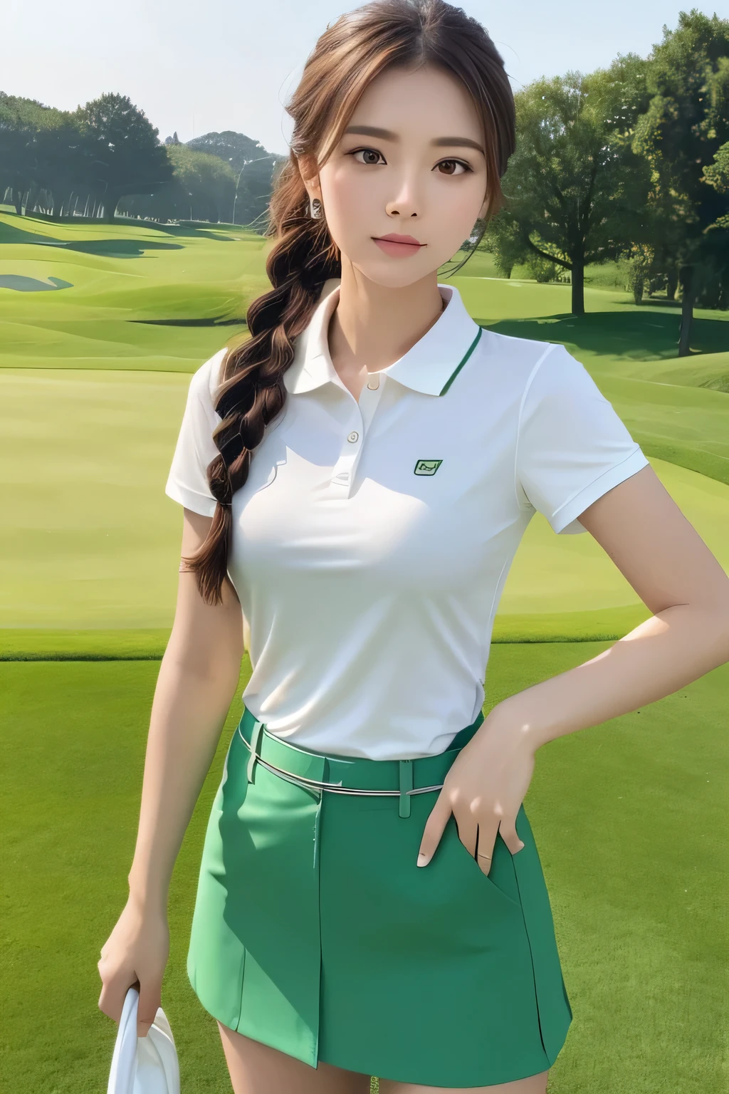 highest quality、High resolution、Detailed Background、(Beautiful face in every detail:1.4)、Anatomically correct、(Detailed facial expressions)、(Detailed eyes:1.2)、Beautiful women in their 20s、(Highly detailed face:1.4)、Light color hair、Braided Ponytail、Bobcut、Fit on one screen、

The morning sun shining onto the golf course、Standing on the tee、
The wind blows pleasantly、The grass is shining with fresh green color、

The golfer&#39;s body is kept firmly centered while the club strikes the ball accurately.、
By depicting the golfer&#39;s powerful facial expression, we express the power of the moment of impact.、

It depicts the trajectory of the club as the golfer swings it with perfect balance.、
The straight back posture and the position of the hands when releasing the club、By drawing a relaxed expression, we express the stability and perfection of a perfect swing.、

A colorful polo shirt and a cute skirt combo、 Polo shirts in bright colors or stripes will give you a refreshing look.、Sports dress for golf、The material and design are easy to move in, and the colorful coloring gives a sporty impression while enhancing femininity.、No sleeve、Miniskirt、cute