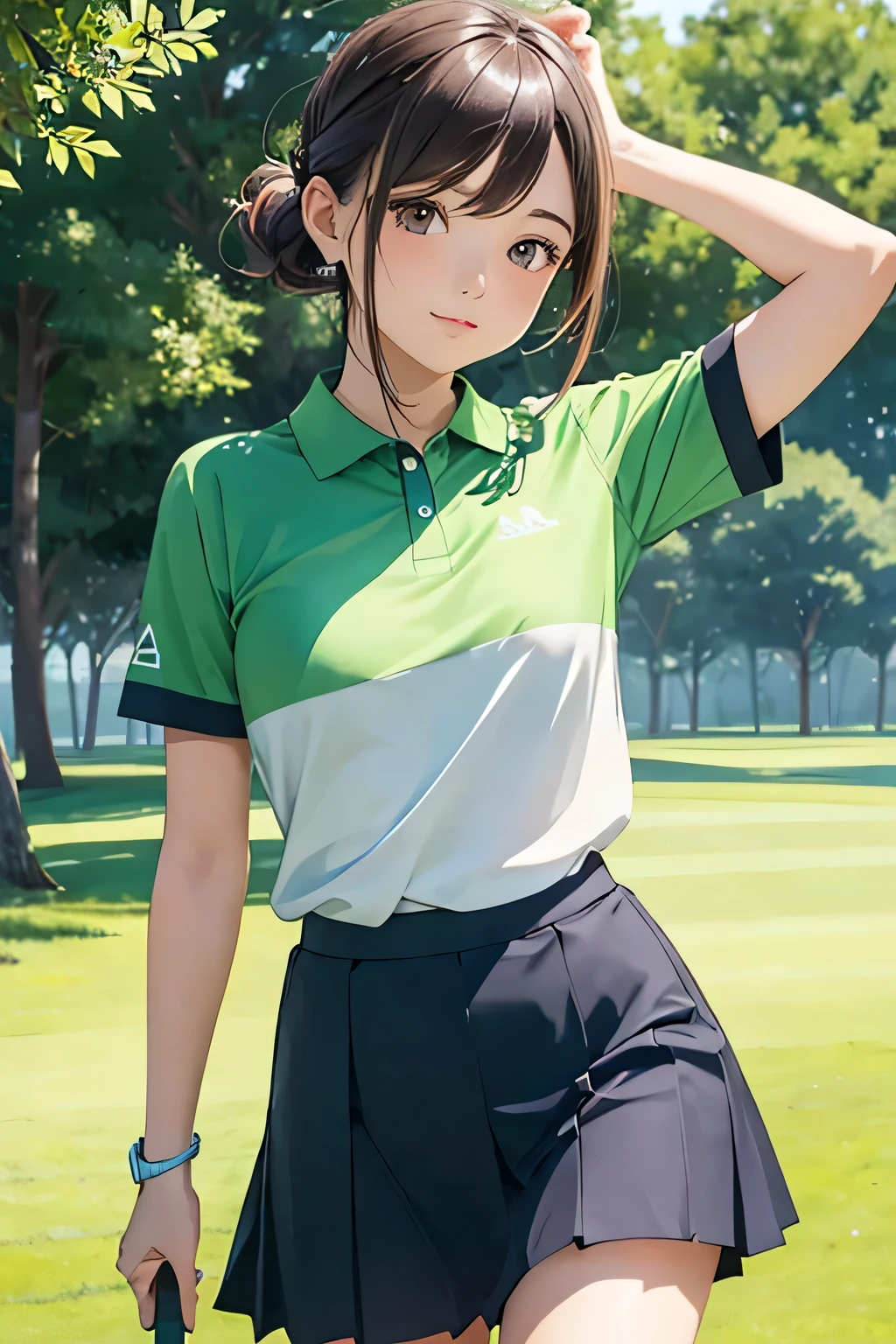 highest quality、High resolution、Detailed Background、(Beautiful face in every detail:1.4)、Anatomically correct、(Detailed facial expressions)、(Detailed eyes:1.2)、Beautiful women in their 20s、(Highly detailed face:1.4)、Light color hair、Braided Ponytail、Bobcut、Fit on one screen、
The morning sun shining onto the golf course、Standing on the tee、
The wind blows pleasantly、The grass is shining with fresh green color、
The golfer's body is kept firmly centered while the club strikes the ball accurately.、
By depicting the golfer's powerful facial expression, we express the power of the moment of impact.、
It depicts the trajectory of the club as the golfer swings it with perfect balance.、
The straight back posture and the position of the hands when releasing the club、By drawing a relaxed expression, we express the stability and perfection of a perfect swing.、
A colorful polo shirt and a cute skirt combo、 Polo shirts in bright colors or stripes will give you a refreshing look.、Sports dress for golf、The material and design are easy to move in, and the colorful coloring gives a sporty impression while enhancing femininity.、No sleeve、Miniskirt、cute