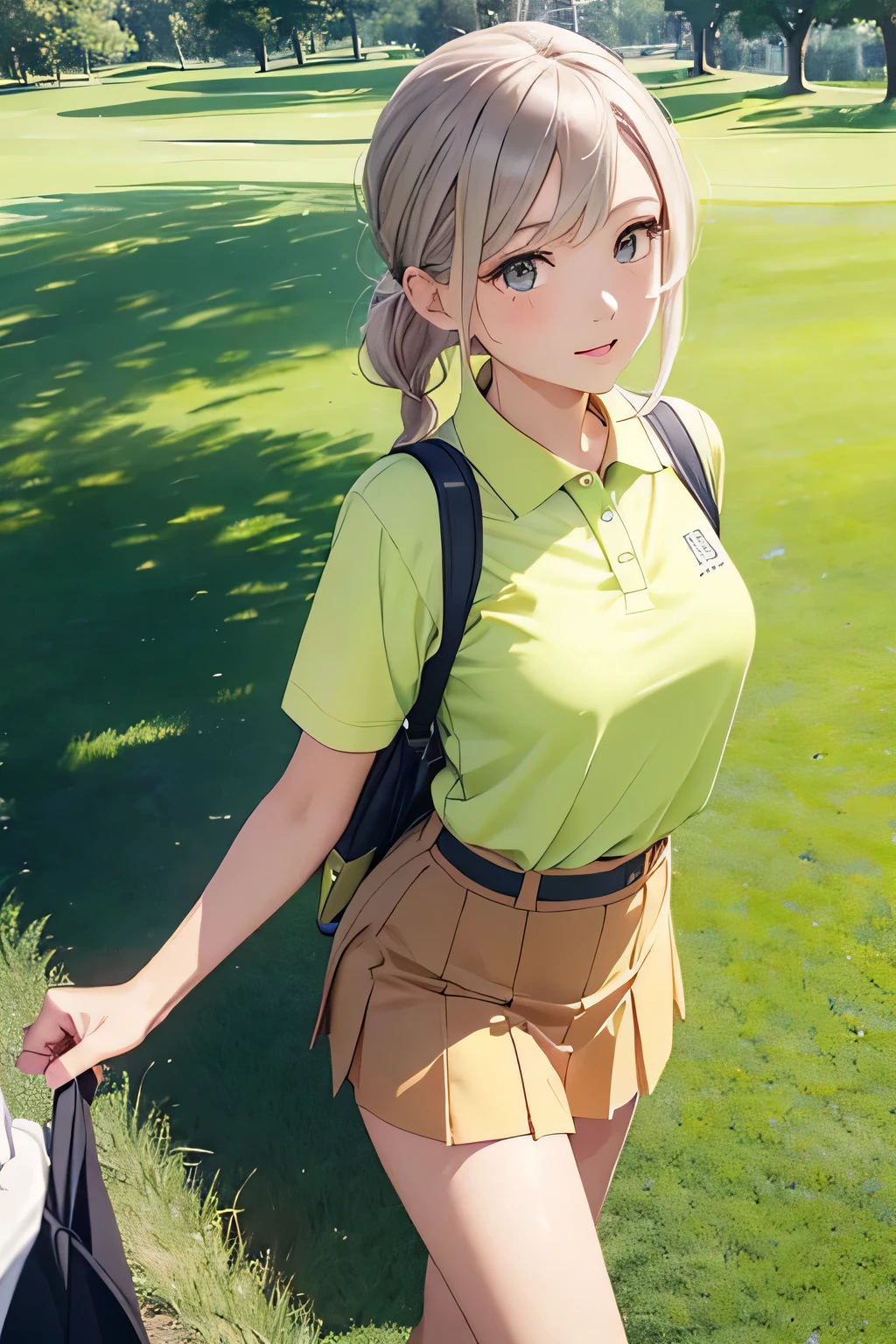 highest quality、High resolution、Detailed Background、(Beautiful face in every detail:1.4)、Anatomically correct、(Detailed facial expressions)、(Detailed eyes:1.2)、Beautiful women in their 20s、(Highly detailed face:1.4)、Light color hair、Braided Ponytail、Bobcut、Fit on one screen、
The morning sun shining onto the golf course、Standing on the tee、
The wind blows pleasantly、The grass is shining with fresh green color、
The golfer's body is kept firmly centered while the club strikes the ball accurately.、
By depicting the golfer's powerful facial expression, we express the power of the moment of impact.、
It depicts the trajectory of the club as the golfer swings it with perfect balance.、
The straight back posture and the position of the hands when releasing the club、By drawing a relaxed expression, we express the stability and perfection of a perfect swing.、
A colorful polo shirt and a cute skirt combo、 Polo shirts in bright colors or stripes will give you a refreshing look.、Sports dress for golf、The material and design are easy to move in, and the colorful coloring gives a sporty impression while enhancing femininity.、No sleeve、Miniskirt、cute