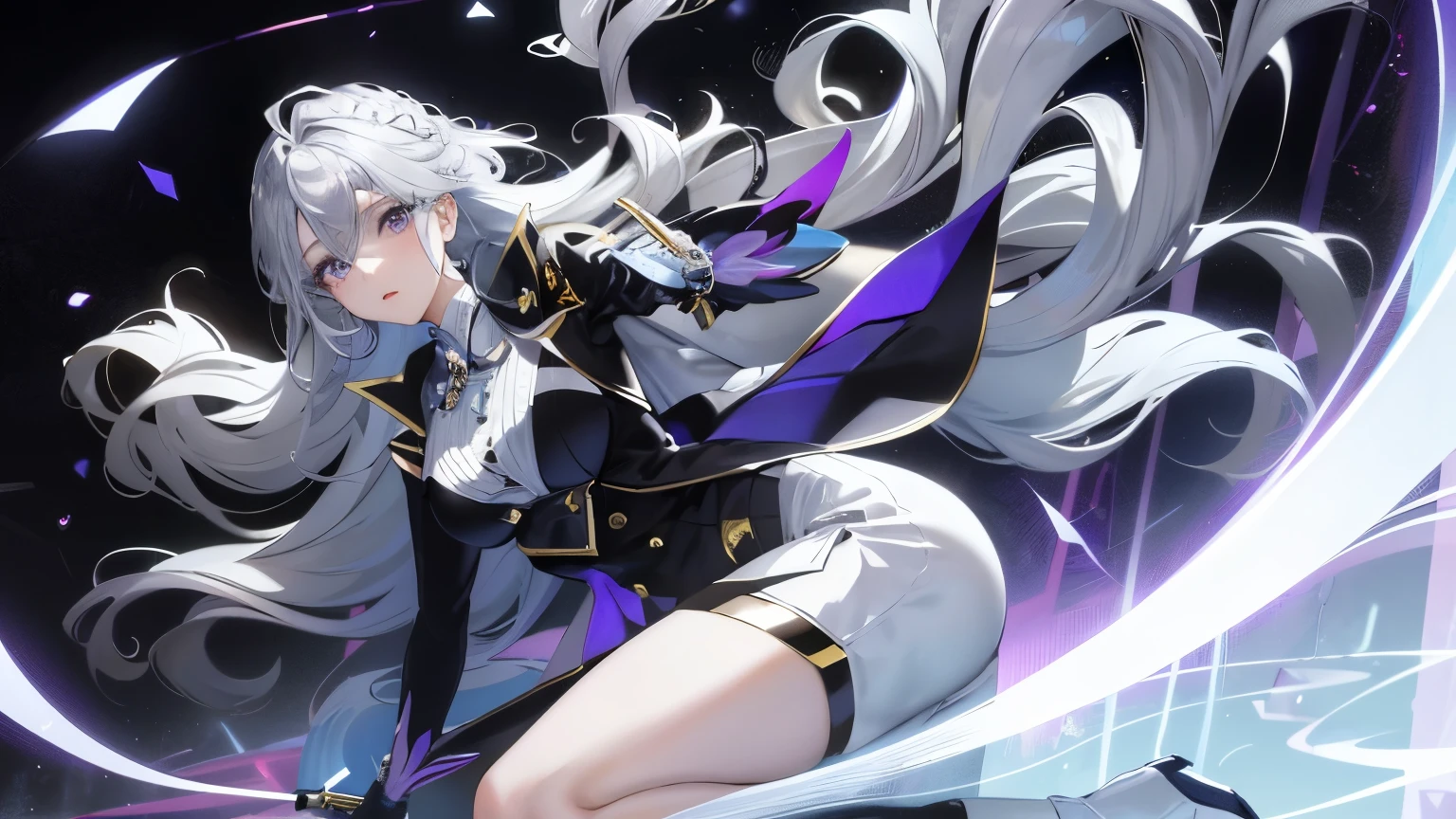 2D Anime Artway presents a silver-haired, tomboyish, yet charming girl. Her voluminous hair cascades down in soft waves, forming a stark contrast to her sharp, electric-purple eyes that seemingly radiate an ethereal energy. The vivid colors of her eyes create a captivating visual treat, making them the focal point of this masterpiece.
Dressed in a sophisticated suit, the outfit elegantly highlights her slender figure, enhancing her charisma. The crisp lines and precise detailing of the suit accentuate her grace and confidence. She stands tall, wearing high-heel shoes that add a touch of glamour to her appearance. The