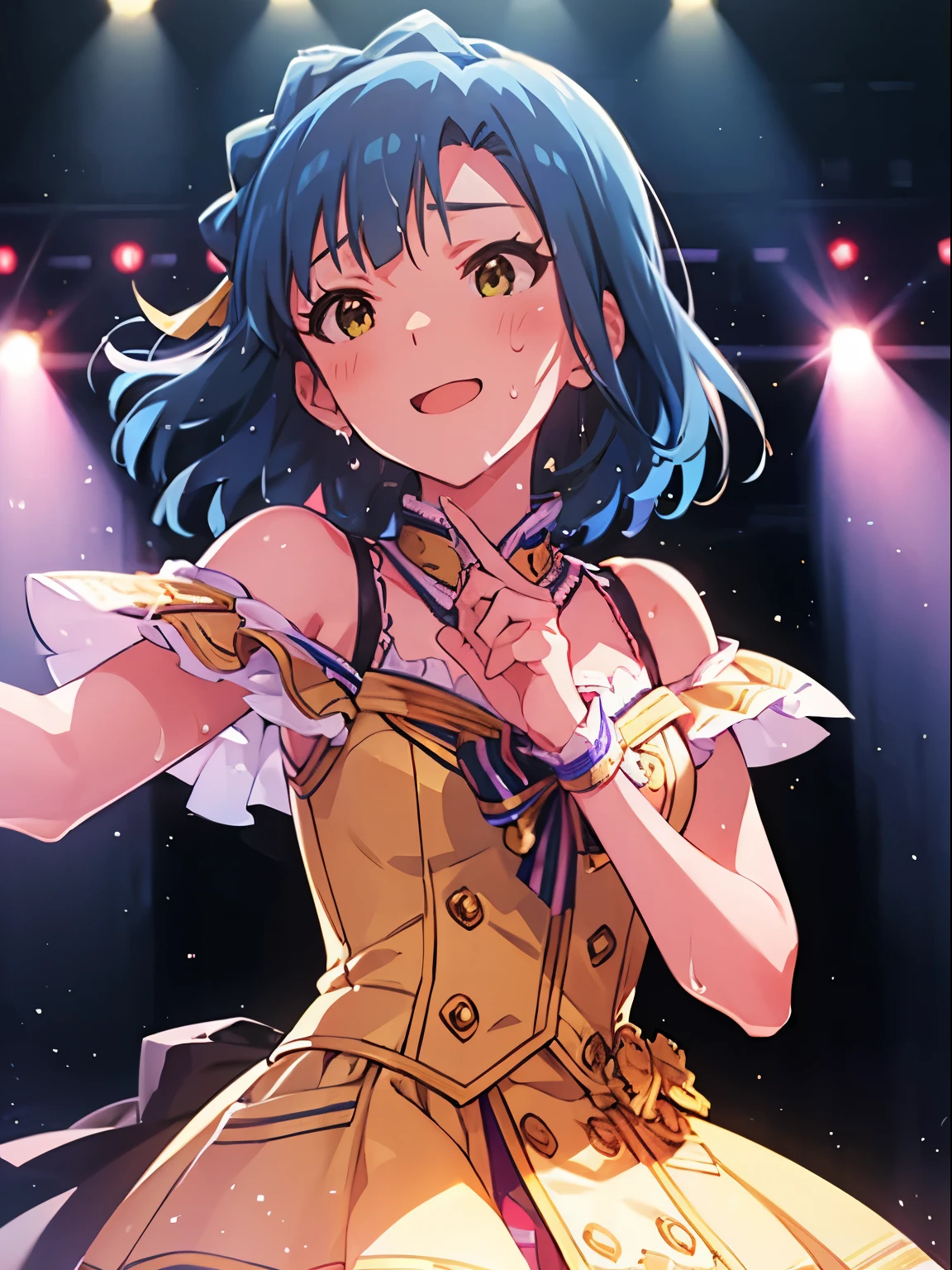 yuriko nanao (million live), 1 girl, Solo, Cute Girl,Best Quality, Ultra-detailed, 8K, High resolution, detailed face, portrait, light smile, ((heavy breathing)), singing on the stage, depth of field, (((sweat))),