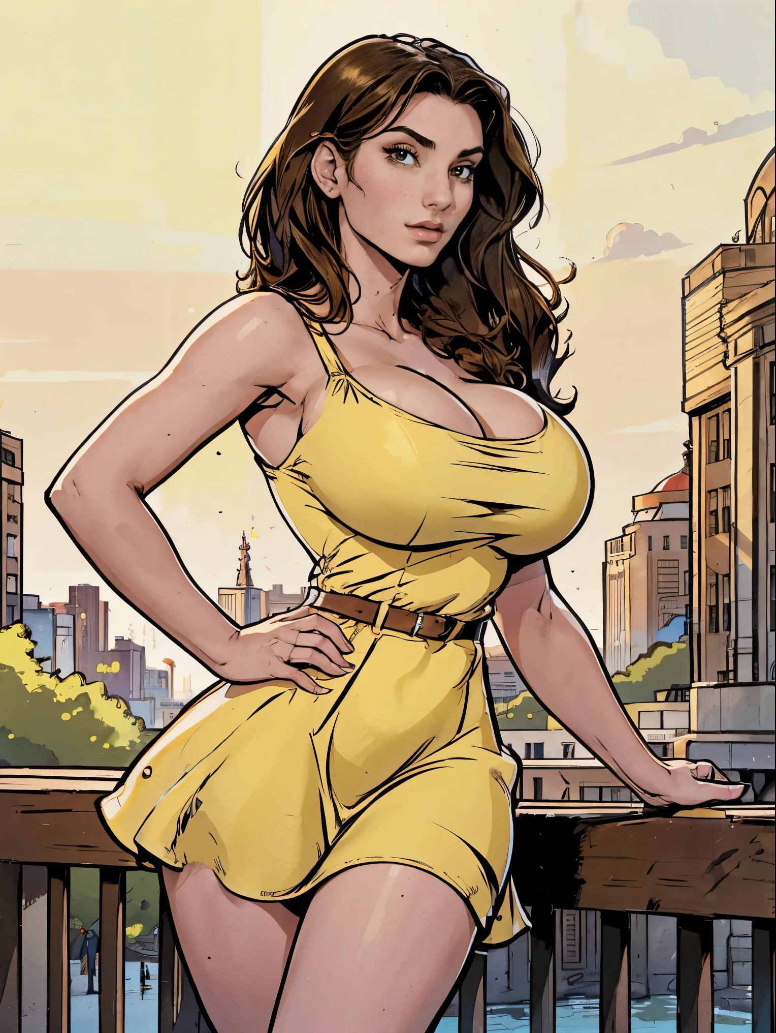 Gorgeous and sultry busty athletic brunette with sharp facial features and a (large nose) and (huge boobs) wearing a yellow sundress, skindentation, cleavage, city park