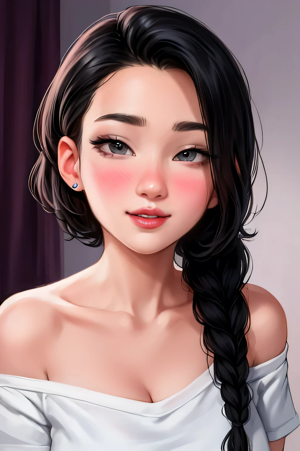 (best quality,highres),sexy,cute woman,black hair braided,soft,seductive eyes,blushing,parted pink lips,seductive smile,long neck,collarbone,medium chest,cleavage emphasised,off shoulder t-shirt,bare shoulders,portraits