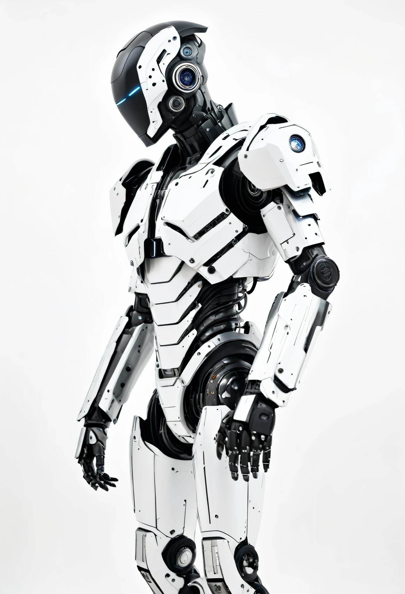 A white and black humanoid robot with no face stands in profile looking to the side with its arms behind its back. It has a cyberpunk aesthetic against a white background. The robot wears detailed body armor made of metal that is painted like an art installation, with a detailed texture on its skin. The style is reminiscent of an art installation in the style of an cyberpunk artist.