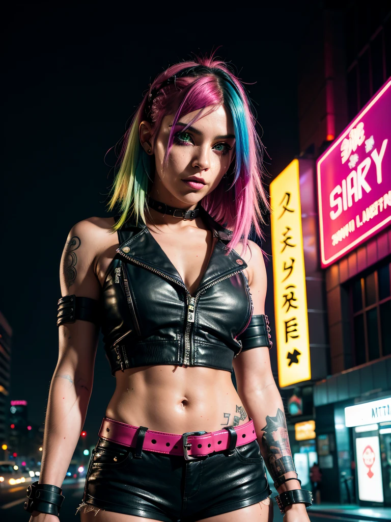 raw photo, great photo in cyberpunk style, close-up, cyberpunk girl, multi-colored hair, bright makeup, athletic build, tattooed body, leather jacket, bracelets on arms, leather shorts, guards on arms and legs, night, street, night city,  moonlight passes through hair, dark photo, looks at viewer