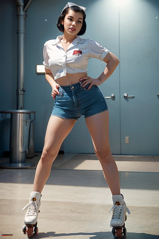 snow white hooters waitress on roller skates, 50s cartoon style