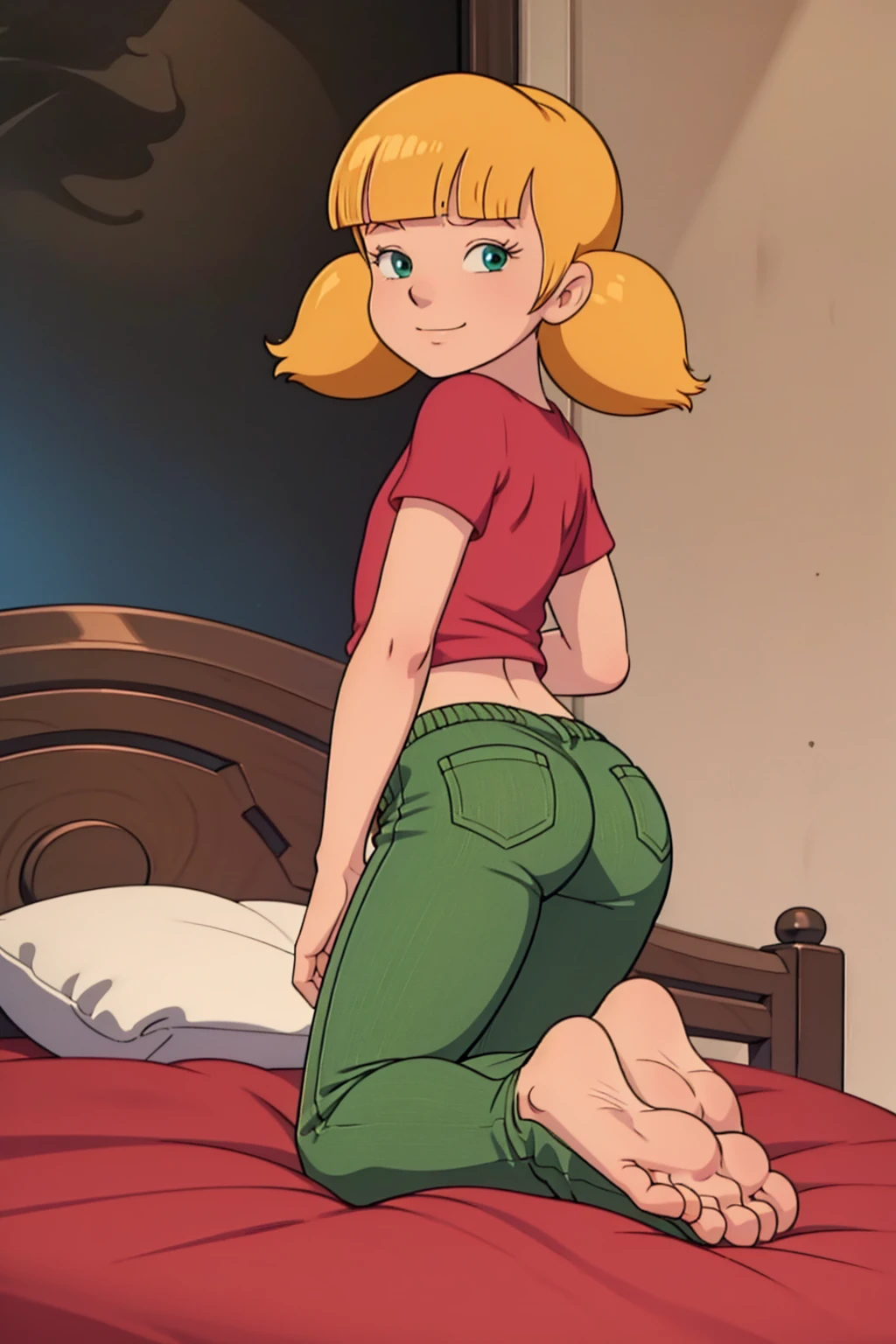 on bed, indoors, feet, barefoot, ass, spread ass, anime screencap, masterpiece,  nice hands, nice feet, best quality,  1girl, penny, solo, blonde hair, twintails, blunt bangs, (smile:0.6), flat chest, (red shirt, single white horizontal stripe across middle of shirt), pants, (green pants), (small light green square patches on knees, reinforced knee), on stomach, foot focus, five toes on each foot, looking at viewer, full body, bedsheet