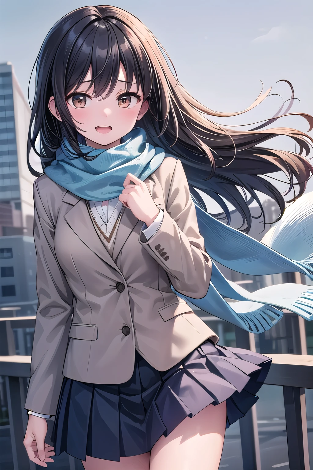 Solo Girl,Cowboy Shot, 20-year-old, Long Hair,View Viewer, Black Hair, Brown eyes, Mid-chest, Happy,Fluffy scarf,,Dark blue pleated skirt, Dark Blue Blazer,Flowing Wind,Moaning, Outdoor, School, highest quality, High resolution, Very detailed, Detailed Background, Perfect lighting