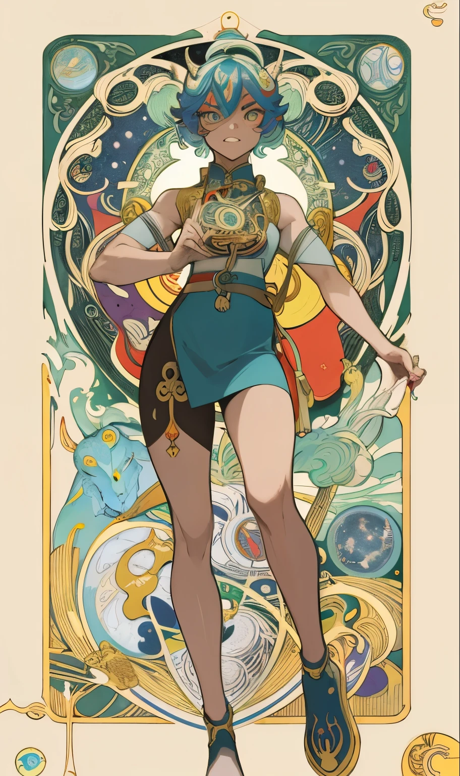 girl, , chased by demon, tarot card, masterpiece, best quality, 4k, tarot card art, line art, clean line art, space-themed coloring mandala, colorful, simple and clean line art, adorned in Art Nouveau style, Genshin,