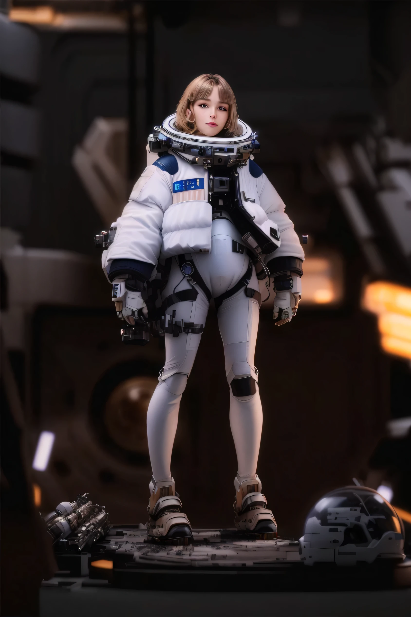 best quality、masterpiece、Ultra-high resolution、(real:1.4)、Beautiful woman1、Beautiful details of the eyes and skin、Light brown short hair、Little Smile、Full space suit、space station、spaceship、Cloudy sky、Science Fiction Taste、