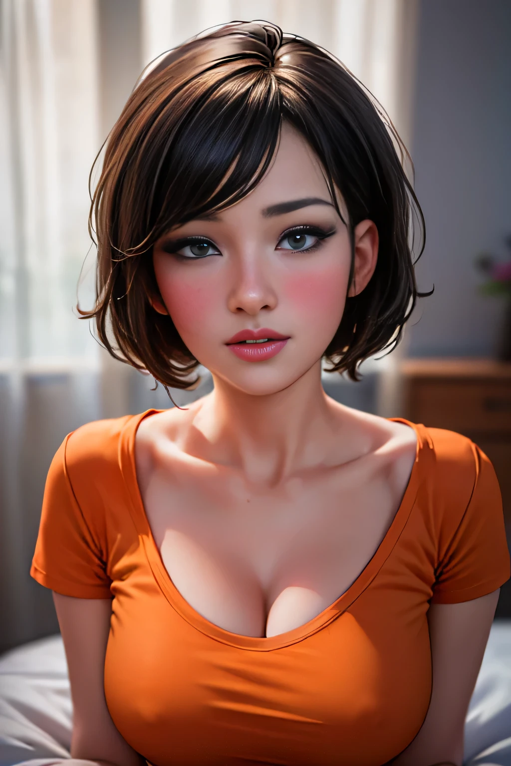 (best quality,4k,8k,highres,masterpiece:1.2),ultra-detailed,(realistic,photorealistic,photo-realistic:1.37),sexy woman with beautiful face,short bob hairstyle,seductive gaze,blushing intensely,parted lips,desperate and flustered,lustful,orange t-shirt,bed