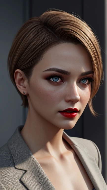 ((best quality: 1.5)) ((masterpiece: 0.8)), intricate details, sharp focus, professional, real life, realistic representation of the face, dim volumetric lighting, dynamic pose, in the style of realistic and hyper detailed renderings BREAK ((((detailed woman, ((blackout gothic eye makeup, business suit, modest, portrait, red lips, chin up, playful, muscular))), golden hour, ((short undercut hair, [ginger hair:blonde hair:0.2]), [flat chest:medium breasts:0.8], clear blue eyes))), freckles: 0.6), photorealistic, hyper-realistic, 8K