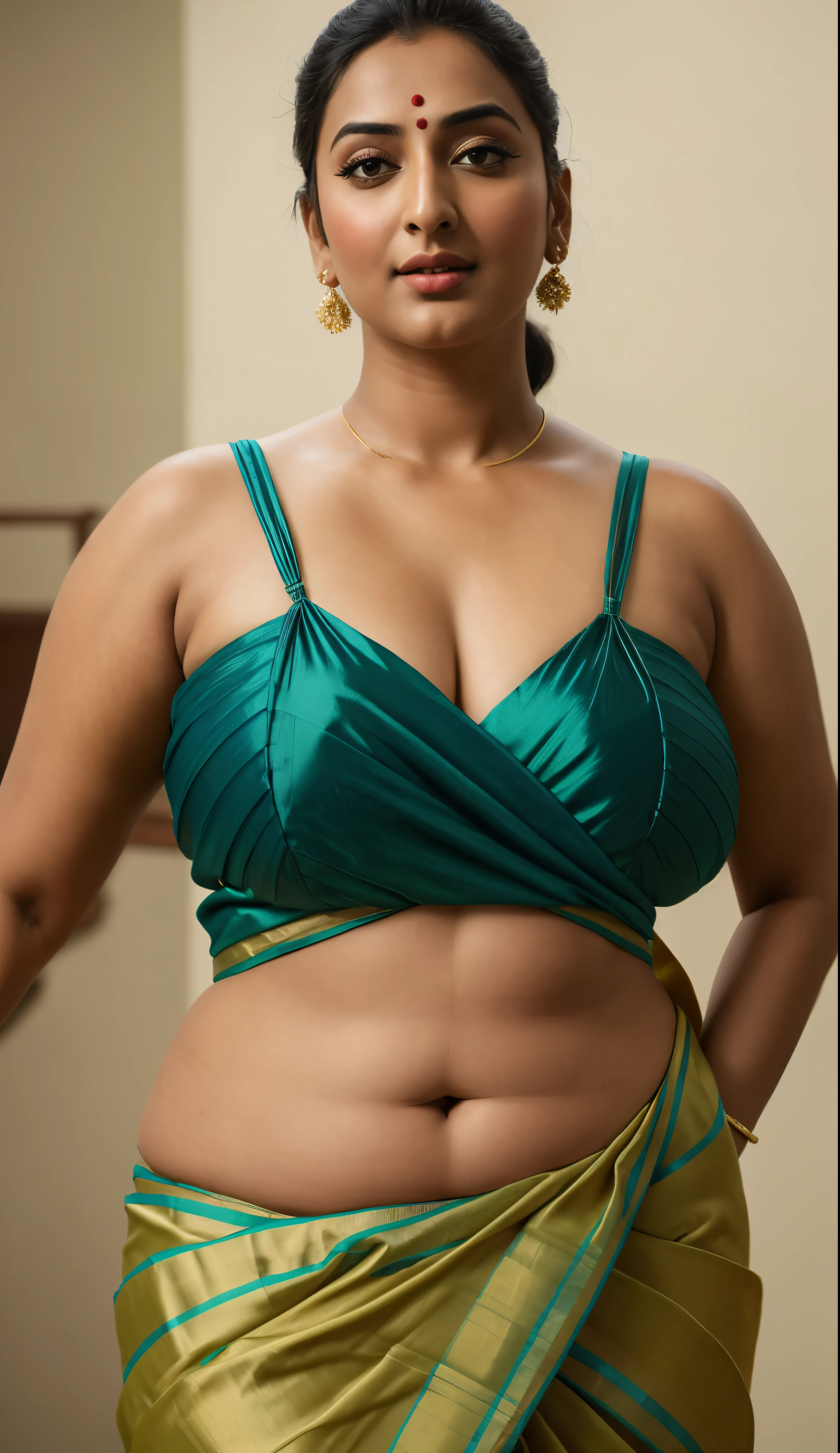 Foto RAW, photorealistic, photography, full body shot, master shot, perfect eyes, goddess like beauty, pierced eyes, perfect thick chubby mallu Desi aunty bhabhi, Wearing a Stanapatta, a chest-band.Saree model, model Photography, Indian saree shoot, Indian traditional wear advertising photography, traditional wear brand shoot, face of Indian actress Sonakshi Sinha, masterpiece, realistic, realism, incredible details,  pleasure, photorealism, detailed skin, skin pores, high contrast, photorealistic Artstation 8k HD digital art trend of high definition and detailed realistic skin texture, ultra detail, realistic skin texture, armature, best quality, ultra high definition, (photorealistic:1.4),, high resolution, detail, raw photo, sweat, Re sharp, by Lee Jefferies Nikon D850 Film Stock Photo 4 Kodak Portra 400 Camera F1.6 Lens Rich Color Ultra Real Realistic Realistic Textures Dramatic Lighting Unreal Engine Trending at Art Station Cinestill 800,(pele altamente detalhada: 1.2), 8k UHD, DSLR, soft-lighting, alta qualidade, grain of film, Fujifilm XT3,she didn't like to wear blouse or bra, she is happy to wear only saree, she hates blouse or bra, detailed hairy armpits, hyper realistic skin, skin pores, sweat, veins, 