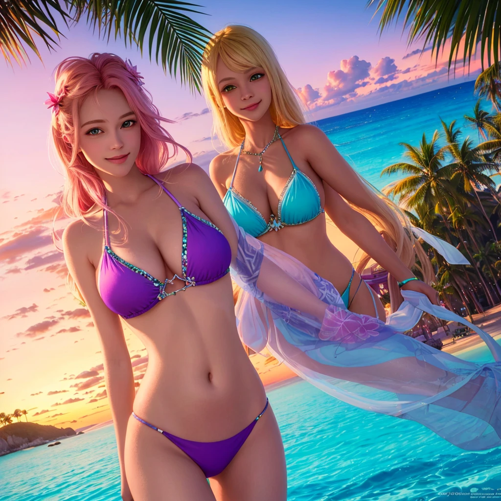 (best quality,4k,highres,masterpiece:1.2),ultra-detailed,realistic(1.37),portrait,alien princess,relaxing,beach,busty,neon trim bikini,long blonde hair,violet skin,deep solid green eyes,fantastic sunset,crimson sand,gentle waves,salty breeze,seagulls flying overhead,sparkling turquoise water,surrounded by palm trees,tropical paradise,serene expression,dreamy smile,vibrant colors,soft lighting,glowing sunset,purple shades,pink hues,magical atmosphere