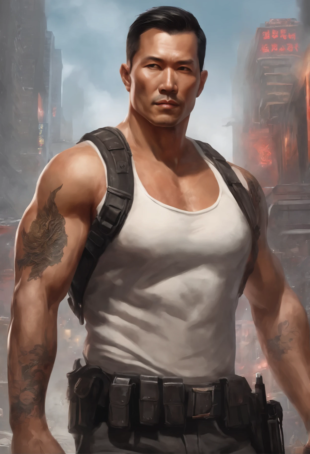 (Masterpiece) Extremely high-quality, ultra-detailed illustrations, ultra-high resolution, showing a handsome mature male 35 year old human hong kong policeman with muscular body, short hair and under-trimmed stubble, shirtless, wearing a jeans below, buffalo head tatoo on the shoulder, wounds on the body, Surreal and charming. There are many Magic the Gathering cards floating in the air around the police, and a red dragon flies over the city in the background.
