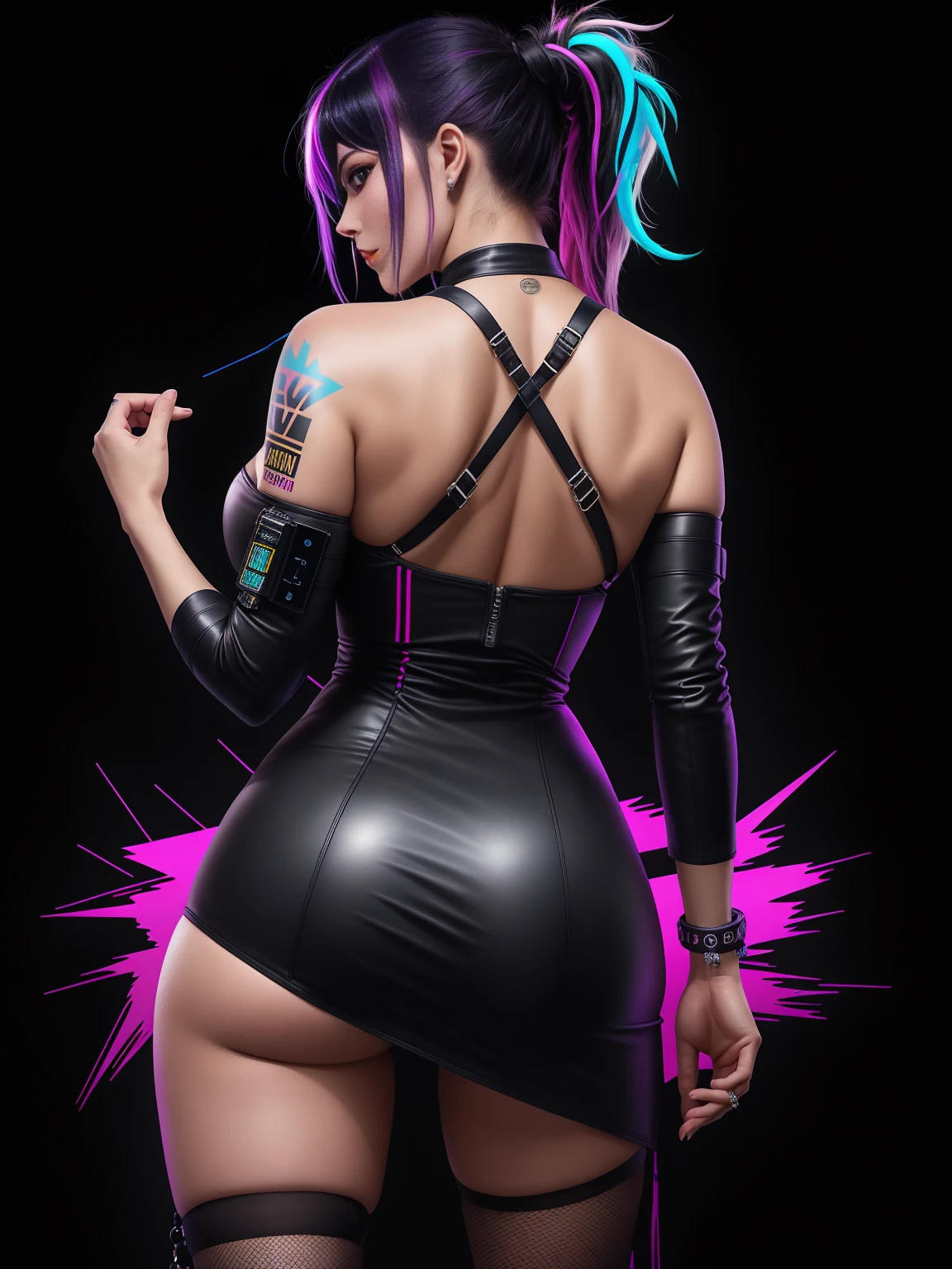 there is Margot Robbie, navy blue and bright purple neon streaked hair, hair in pony tail, 3 d neon art of a womans body, neon- background, cyberpunk femme fatale, seductive cyberpunk dark fantasy, cyberpunk striyberpunk 20 y. o model girl, oppai cyberpunk, banner, high definition cgsociety, cgsociety masterpiece, trending on cgstation, kda, random hair, looking at camera, gigantic breasts, cleavigh detai:1.2), 8k uhd, dslr, super lighting, high quality, film grain, high res, highly detailed, hyper realistic, beautiful face, beautiful body, beautiful eyes nose lips, alluring expression, very bold, upper visible, full body photo, standing legs apart, standing, ((back to camera:1.6)), pale translucent glowing skin, most beautiful face, cute, (well defined pubic hair:1.2)), (dark plain black background:1.4))