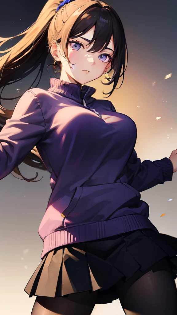 Young woman, Yukari Mori, with expressive purple eyes, captivating charm, large breasts, voluminous brown hair styled in a high ponytail, wearing a stylish sweater and jacket over a skirt, paired with pantyhose. Japanese-inspired air amidst manga-esque imagery and video backdrop, executed in the highest quality, 4K resolution, with HDR, UHD, and studio lighting for vivid colors, sharp focus, and extreme detail description. The artwork radiates a professional, clean, and intricate style, highlighting the dynamic play of light and shadow, and a captivating, close-up face pose. Manga aesthetic emphasized