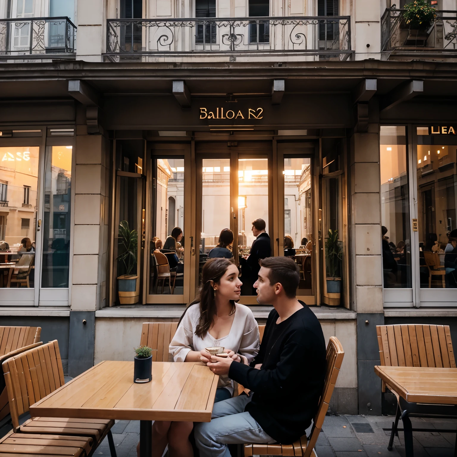 The facade of a 3 floors building in Paris at sunset, almost dusk, there are balconies and a brightly lit cafe on the first floor, on the street there are tables and a couple is talking, High quality photo, 50mm, cinematic, kodak portra 400.