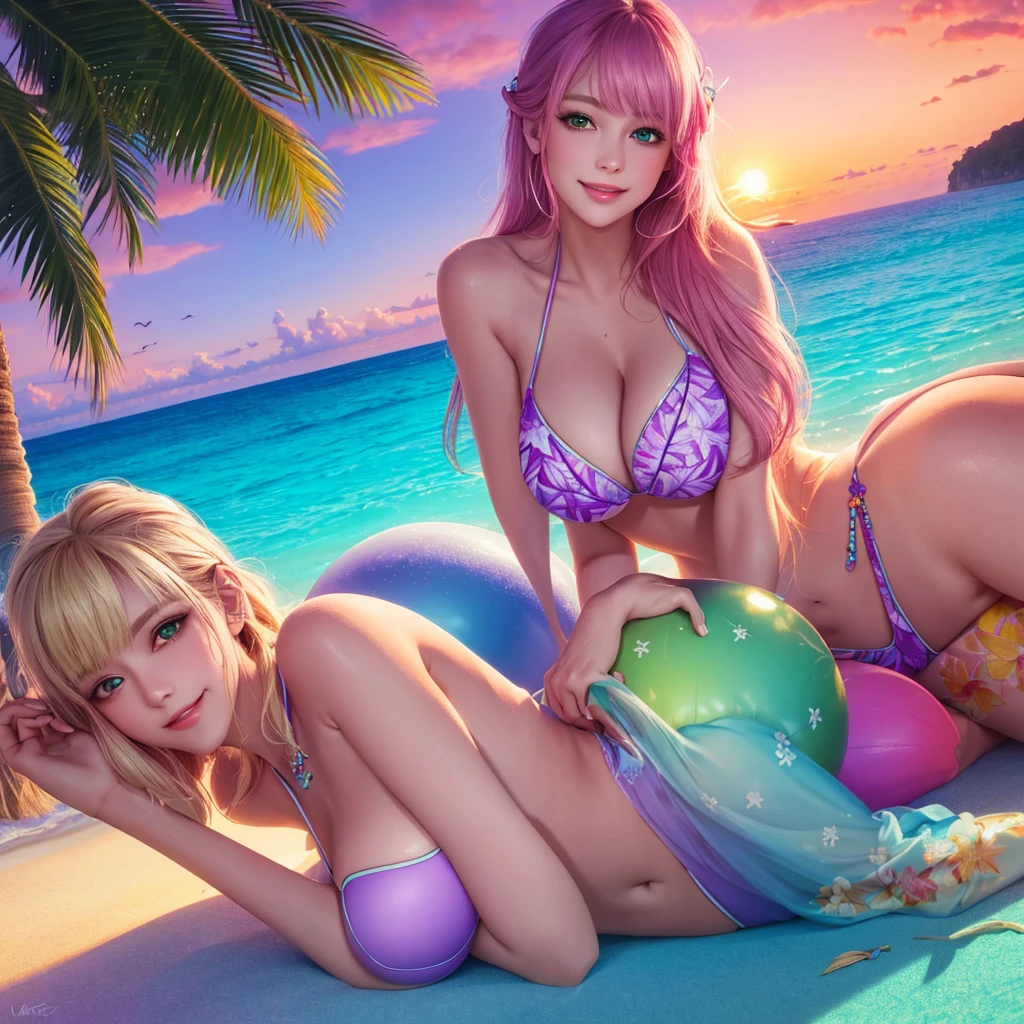 (best quality,4k,highres,masterpiece:1.2),ultra-detailed,realistic(1.37),portrait,alien princess,relaxing,beach,busty,neon trim bikini,long blonde hair,violet skin,deep solid green eyes,fantastic sunset,crimson sand,gentle waves,salty breeze,seagulls flying overhead,sparkling turquoise water,surrounded by palm trees,tropical paradise,serene expression,dreamy smile,vibrant colors,soft lighting,glowing sunset,purple shades,pink hues,magical atmosphere
