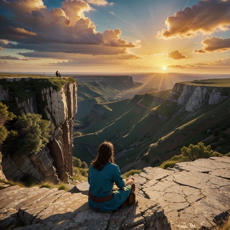 (best quality)), ((masterpiece)), (detailed),inspirational, fantasy storybook, whimsical, A person in the distance meditating on a cliff edge, overlooking a vast landscape, with the sun setting behind