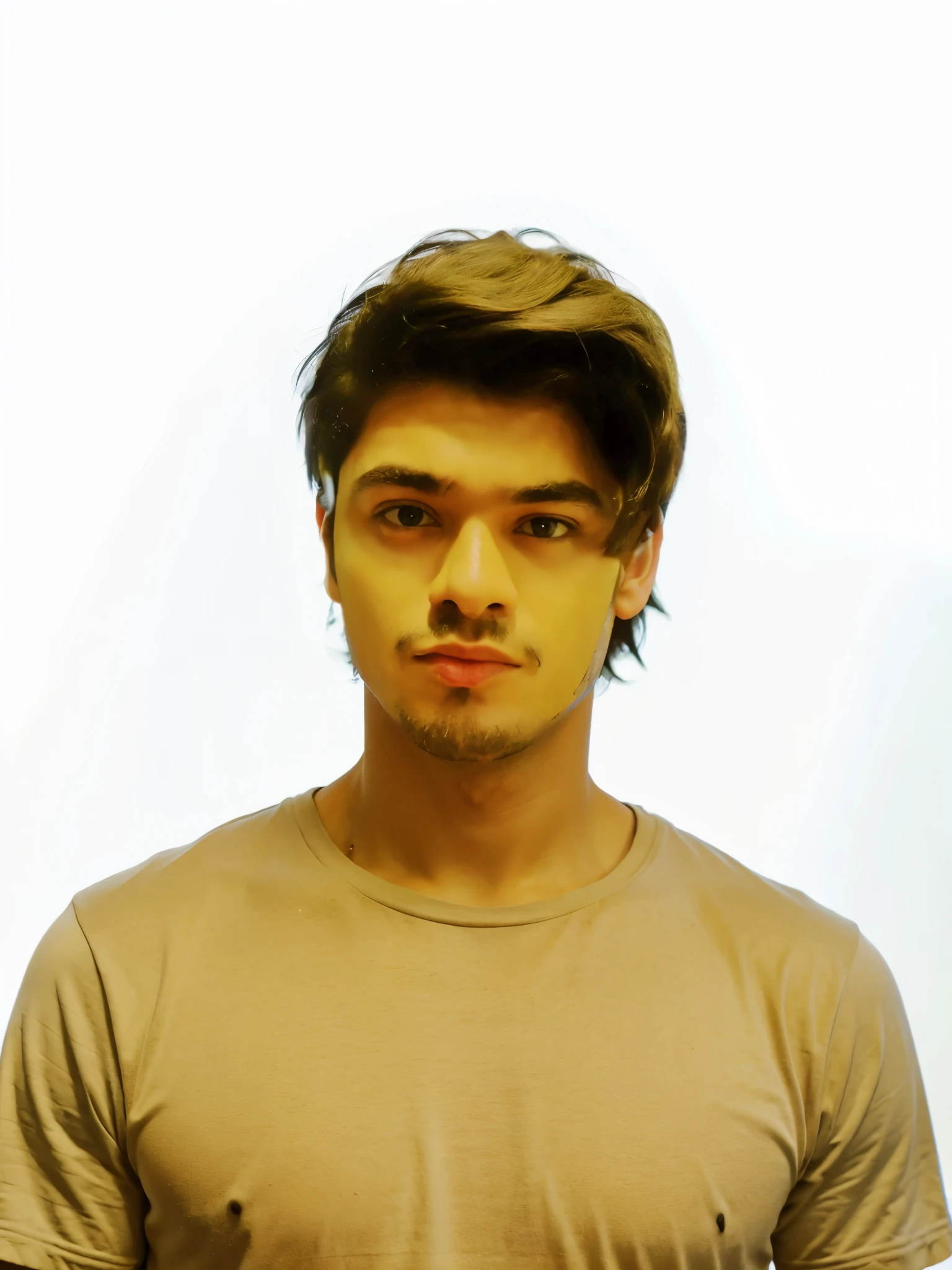 Generate a DSLR portrait ultra realistic photo of this man below face with neck only  wearing black T shirt with batman logo on it. Ultra realistic black background with sound colorful lights 