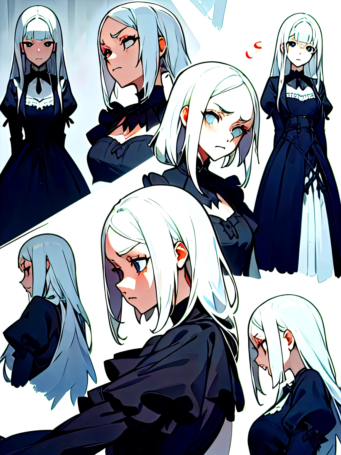 Young woman, White hair, Gothic dress, from different angles, different emotions, emotion of joy, The emotion of sadness, emotion anger, emotion surprise, emotion fear