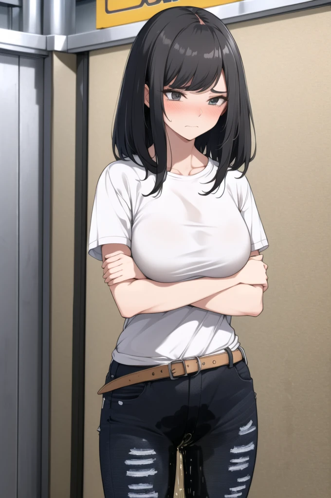 A woman with very long black hair, (very long hair:1.25) and (long bangs:1.5), wearing a stylish jacket and jeans (low-cut jeans:1.5), (low-rise jeans:1.5), standing. The artwork is inspired by manga and incorporates a doujin style. The woman appears to be (wetting herself:1.5), which causes her to feel embarrassed and humiliated, resulting in a blush on her face. In addition, there is an air of anger in her expression. The lighting in the scene is moody, with a spotlight highlighting the woman's figure, Her arms are crossed (crossing arms:1.5), showcasing a very large pee stain that covers almost the entire front of her pencil jeans., large breasts, cleavage, skinny