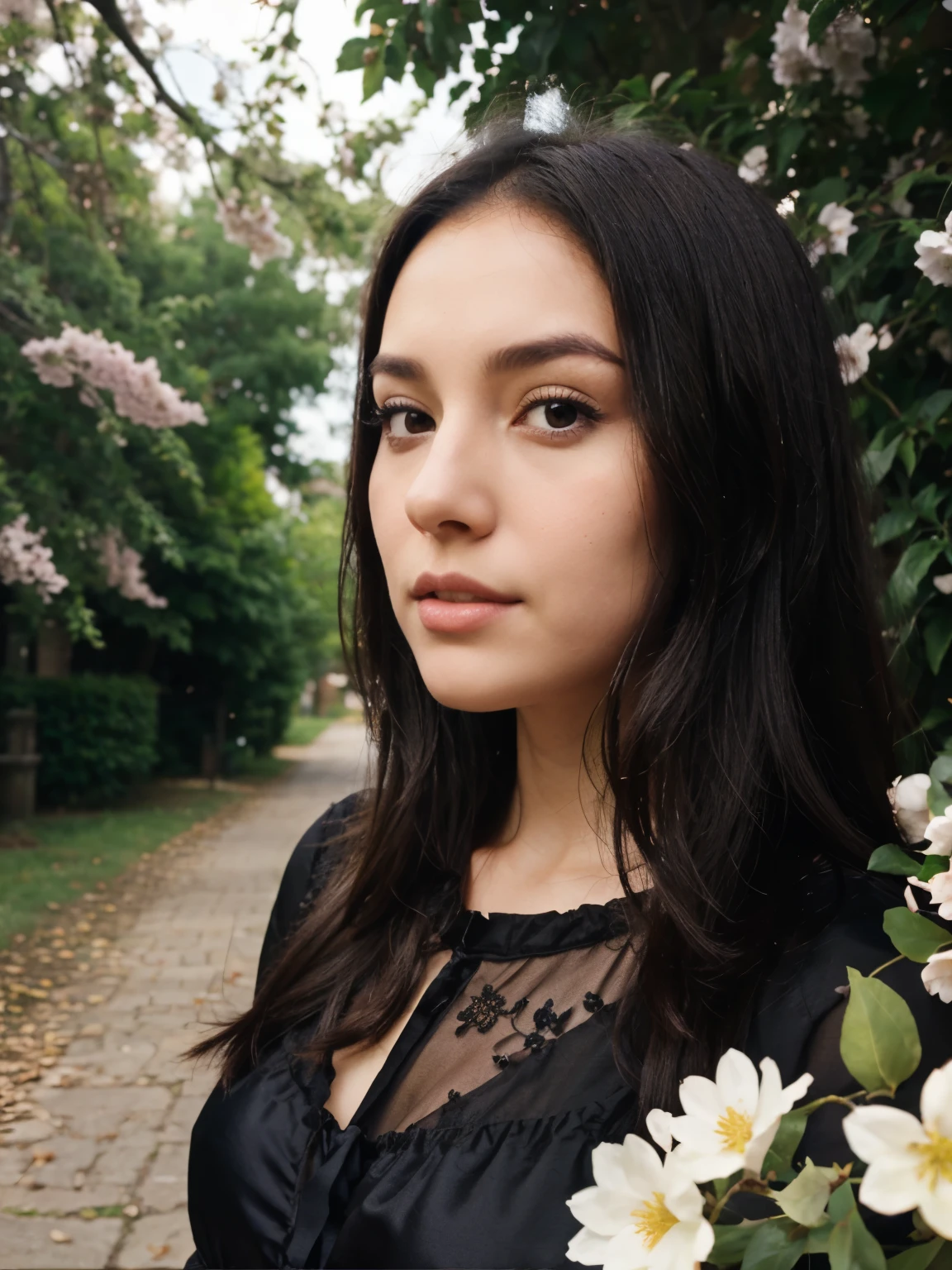 A girl with dark hair in a silk dress against a background of flowering trees