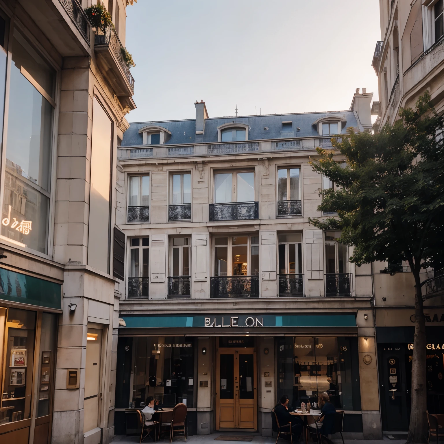 The facade of a 3 floors building in Paris at sunset, almost dusk, there are balconies and a brightly lit cafe on the first floor, on the street there are tables and a couple is talking, High quality photo, 50mm, cinematic, kodak portra 400.