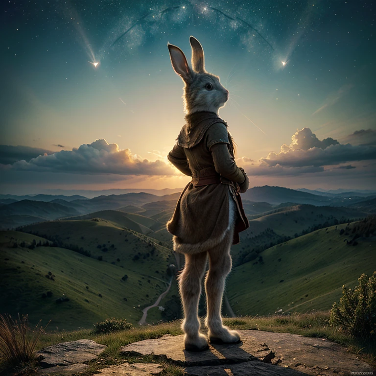 (best quality)), ((masterpiece)), (detailed),inspirational, fantasy storybook, whimsical, A rabbit standing on a hilltop gazing at a star-filled sky