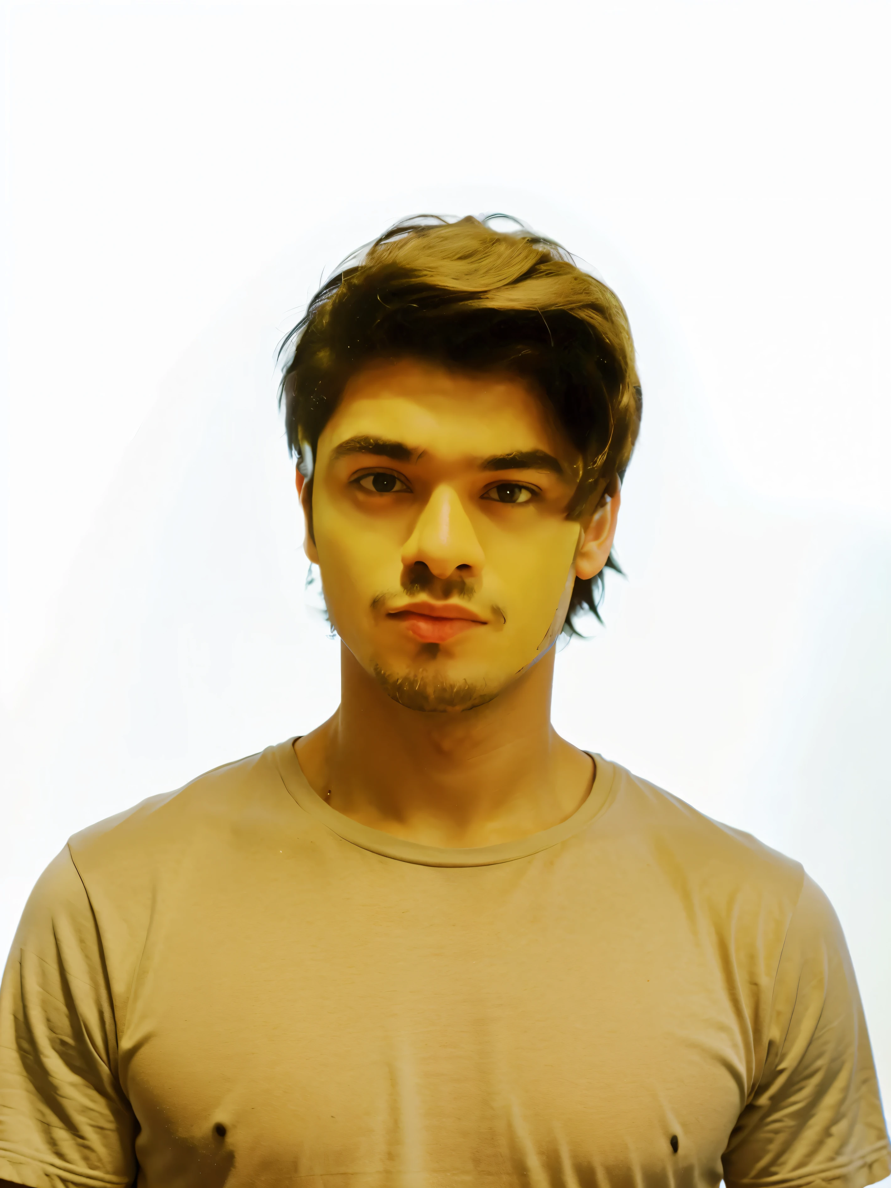 Generate a DSLR portrait ultra realistic photo of this man below face with neck only wearing black T shirt with batman logo on it. Ultra realistic black background with sound colorful lights