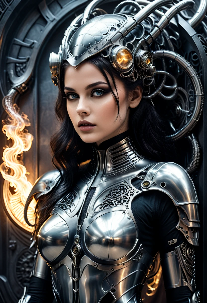 monochrome, (masterpiece, best quality, Professional, perfect composition, very aesthetic, absurdres, ultra-detailed, intricate details:1.3), by H. R. Giger and Brandon Woelfel