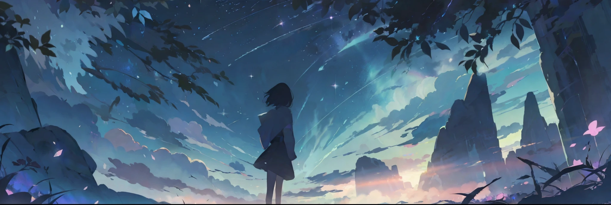 Fairy dragon haku, official art, unified 8k wallpaper, Super detailed, beautiful and Aesthetic, high quality, masterpiece, best quality, soft vivid colours, lovely, splendid, delicacy, 4k, watercolor illustration, disney art style, dreamy nebula, fairy core, pearly dim light, soft pastel colours, diffused dreamy light, pearly nebula, iridescent, crystal, blue sky, pastels, dark starry sky, fantasia otherworldly landscape, octans, sky, star (sky), scenery, light blue sky, 1girl, solo, outdoors, cloud, milky way, sitting, pale moon, magical photography, ultra-detailed, 4k, Depth of field, High-resolution, outdoors, night, starry sky, starts made of iridescent tears, pastel aesthetic colors, sfw, masterpiece, 4k, ultradetailed, dim light, masterpiece、top-quality、Beautifully Aesthetic:1.2)、vivid colours、colourful、Wallpapers, night, dark, Soft Light, Deep Focus Bokeh, fantasy, galaxy, sparkling, splendid, colorful, magical photography, dramatic lighting, intricate details,) crystal, fantasy, shimmering, sparkling, colorful, bright colours.