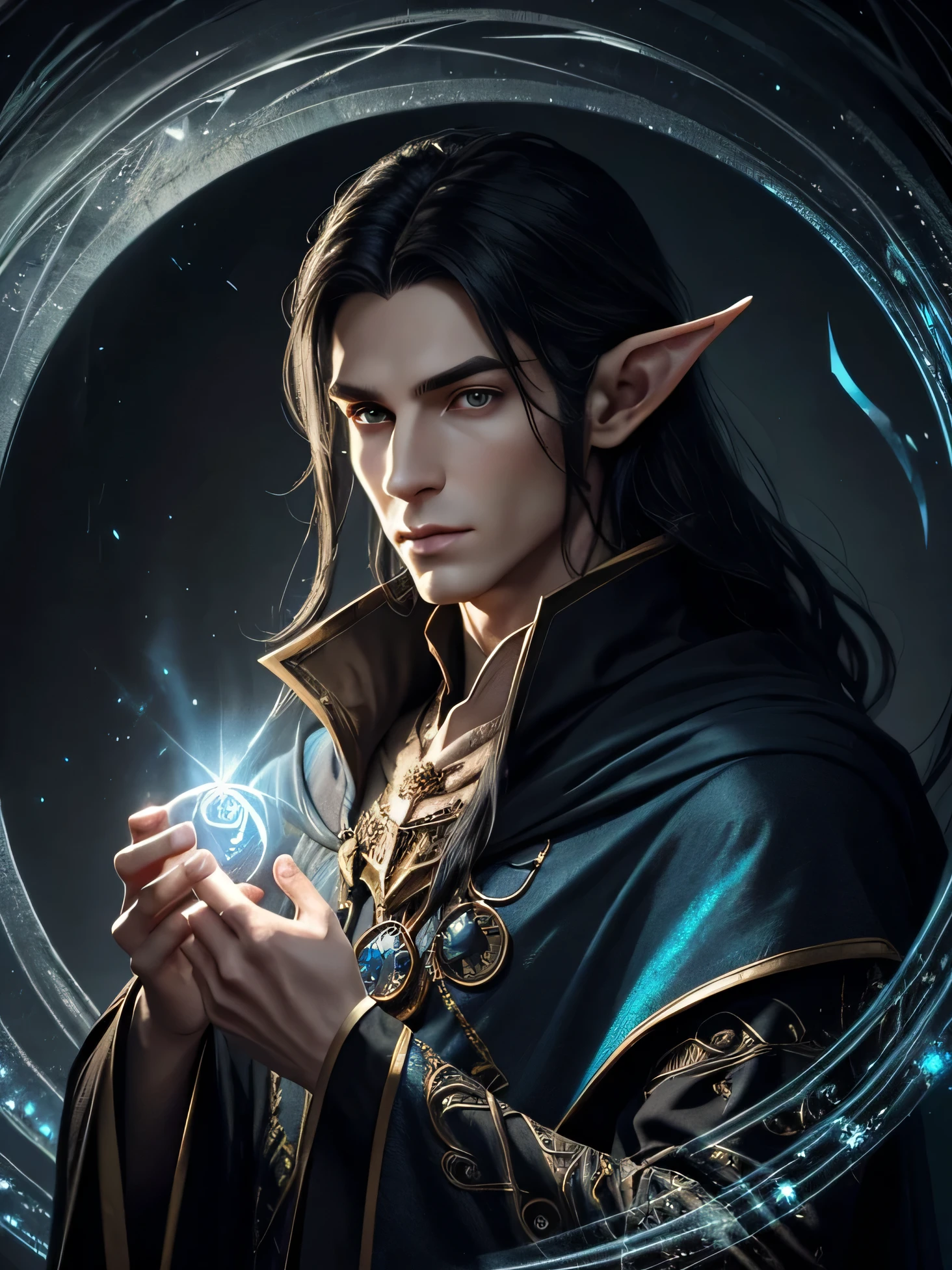 arafed male elf with long black hair and a blue cape, portrait of fin wildcloak, and intricate runes etched on circle of magic ghostly shimmering, This breathtaking portrait, showcases every intricate detail in stunning clarity. The warlock's shimmer with iridescent threads, casting a spellbinding glow that seems to radiate off the canvas. a portrait of a male elf, portrait of a slender elven man, beautiful male elf, a male elf, male half-elf, charlie bowater character art, elven male, young half elf wizard, inspired in kris from deltarrune