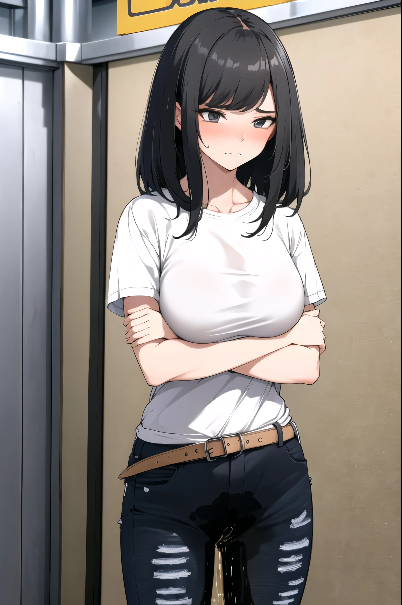 A woman with very long black hair, (very long hair:1.25) and (long bangs:1.5), wearing a stylish jacket and jeans (low-cut jeans:1.5), (low-rise jeans:1.5), standing. The artwork is inspired by manga and incorporates a doujin style. The woman appears to be (wetting herself:1.5), which causes her to feel embarrassed and humiliated, resulting in a blush on her face. In addition, there is an air of anger in her expression. The lighting in the scene is moody, with a spotlight highlighting the woman's figure, Her arms are crossed (crossing arms:1.5), showcasing a very large pee stain that covers almost the entire front of her pencil jeans., large breasts, cleavage, skinny