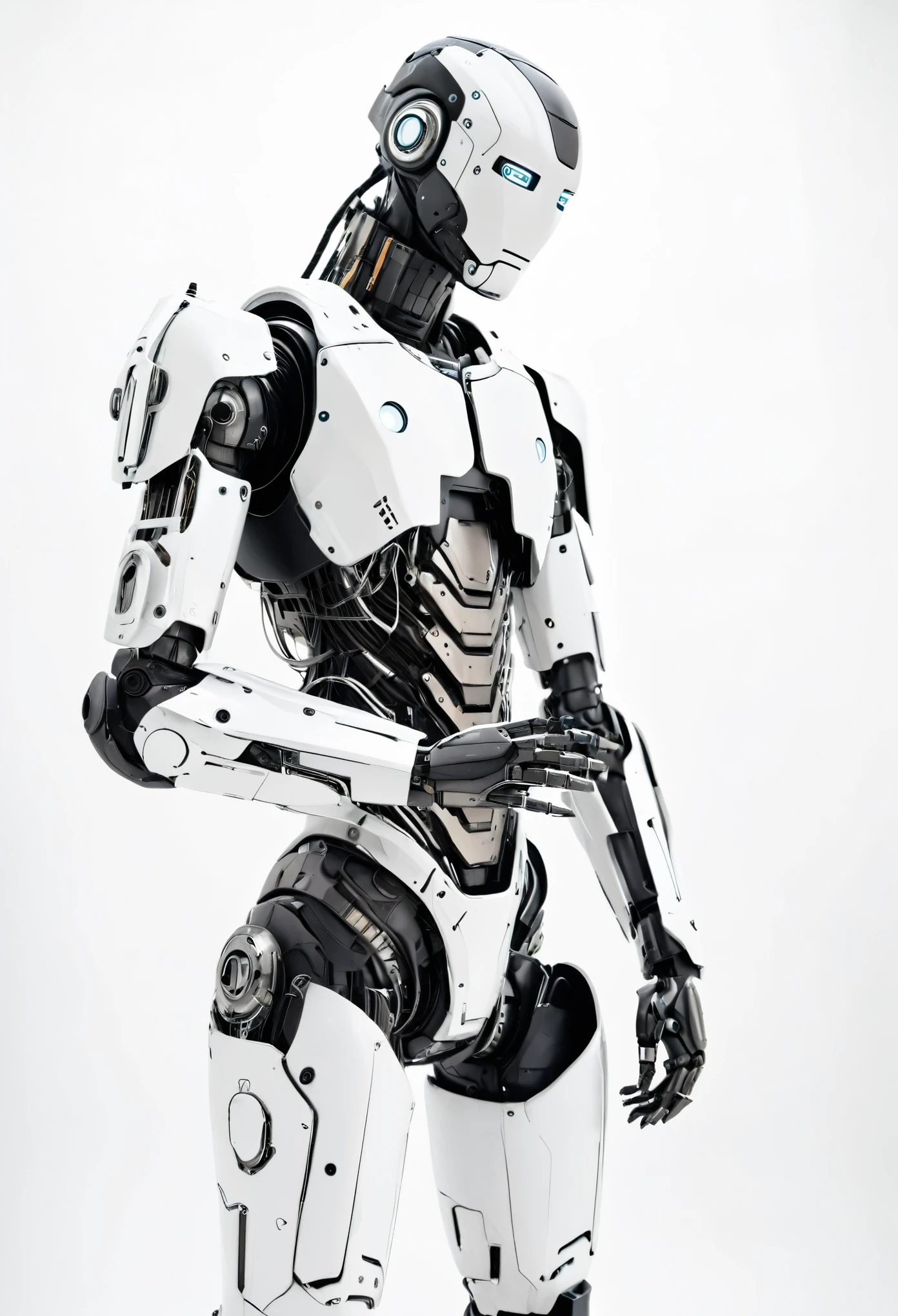 A white and black humanoid robot with no face stands in profile looking to the side with its arms behind its back. It has a cyberpunk aesthetic against a white background. The robot wears detailed body armor made of metal that is painted like an art installation, with a detailed texture on its skin. The style is reminiscent of an art installation in the style of an cyberpunk artist.
