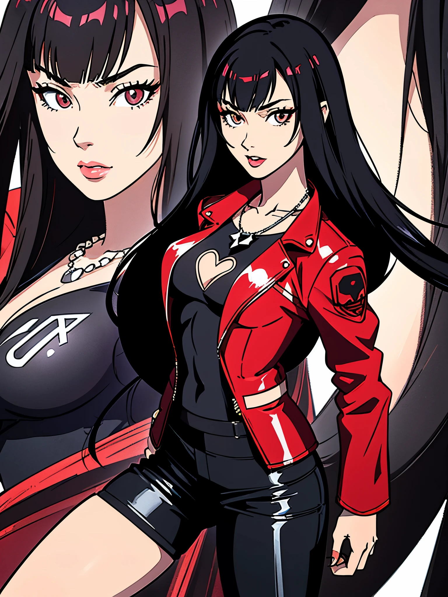 digital art drawing, illustration of (Girl, long black and white hair with bangs, brown eyes, flat chest, silver chain necklaces, confident look, red jacket, black latex pants, long black boots, neon details, cyberpunk 2077), anime drawing/art, bold linework, illustration, digital art, masterpiece, flat illustration, no shadows, 8k resolution, high detail, vector art, only anime, perfect eyes, perfect hands, perfect fingers, sharpness, high clarity, medium close up, high fidelity
