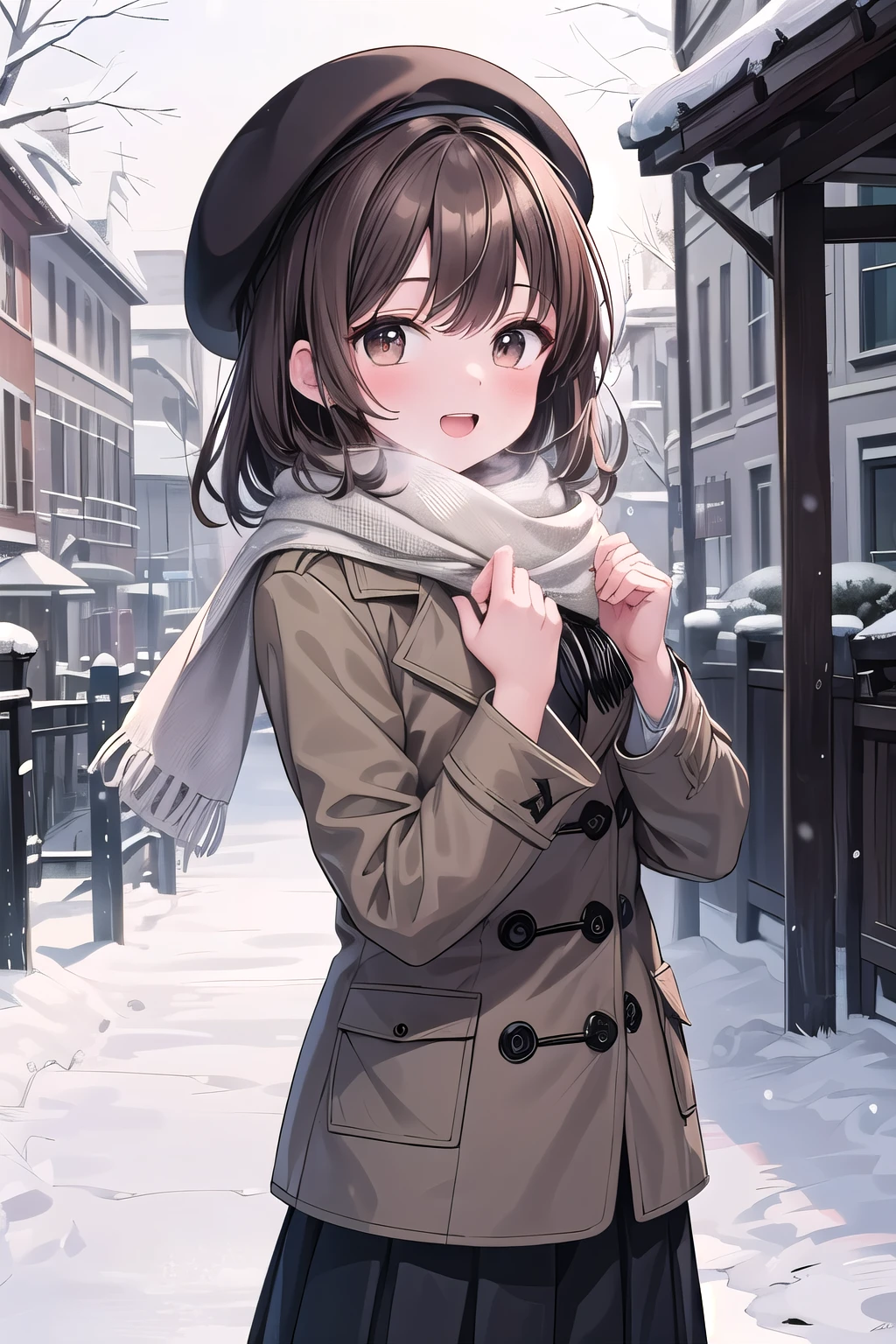 Solo Girl, 20-year-old,Medium Hair, Dark brown hair, Brown eyes, Mid-chest, Happy,pea coat,beret,Fluffy scarf,Maxi Skirt ,Outdoor, winter,snow, highest quality, High resolution, Very detailed, Detailed Background, Perfect lighting