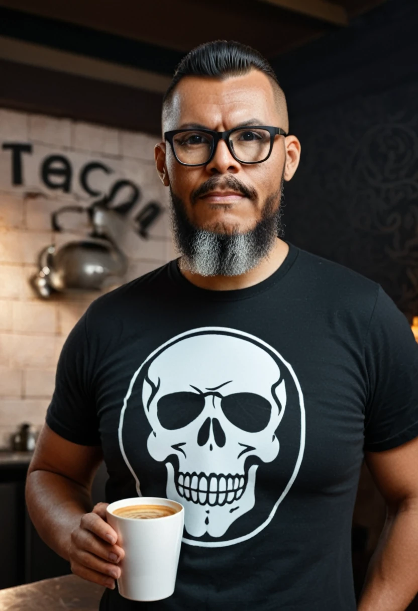 RAW close-up photo from the waist up of a man wearing glasses, (long beard: 1.2), brown eyes, short hair cut in a military style, slight smile, black t-shirt with skull print, holding a porcelain cup with coffee very hot steaming. rustic cafe background with plenty of depth of field. chiaroscuro lighting, professional portrait, Sony Alpha Mirrorless camera, (highly detailed skin, completely sharp :1.2).,gutto2024abr