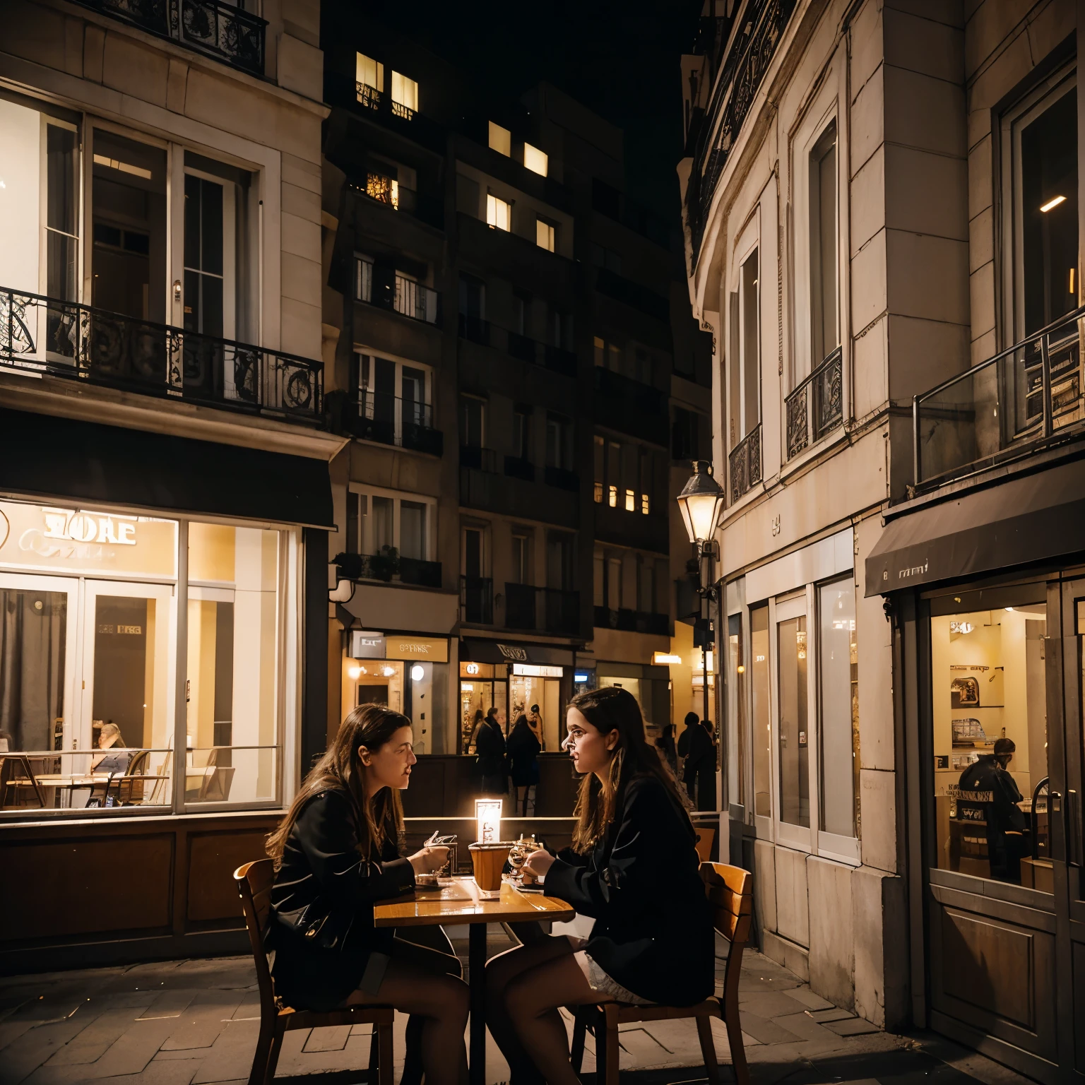 The facade of a 3 floors building in Paris at NIGHT, there are balconies and a brightly lit cafe on the first floor, on the street there are tables and a couple is talking, High quality photo, 50mm, cinematic, kodak portra 400.